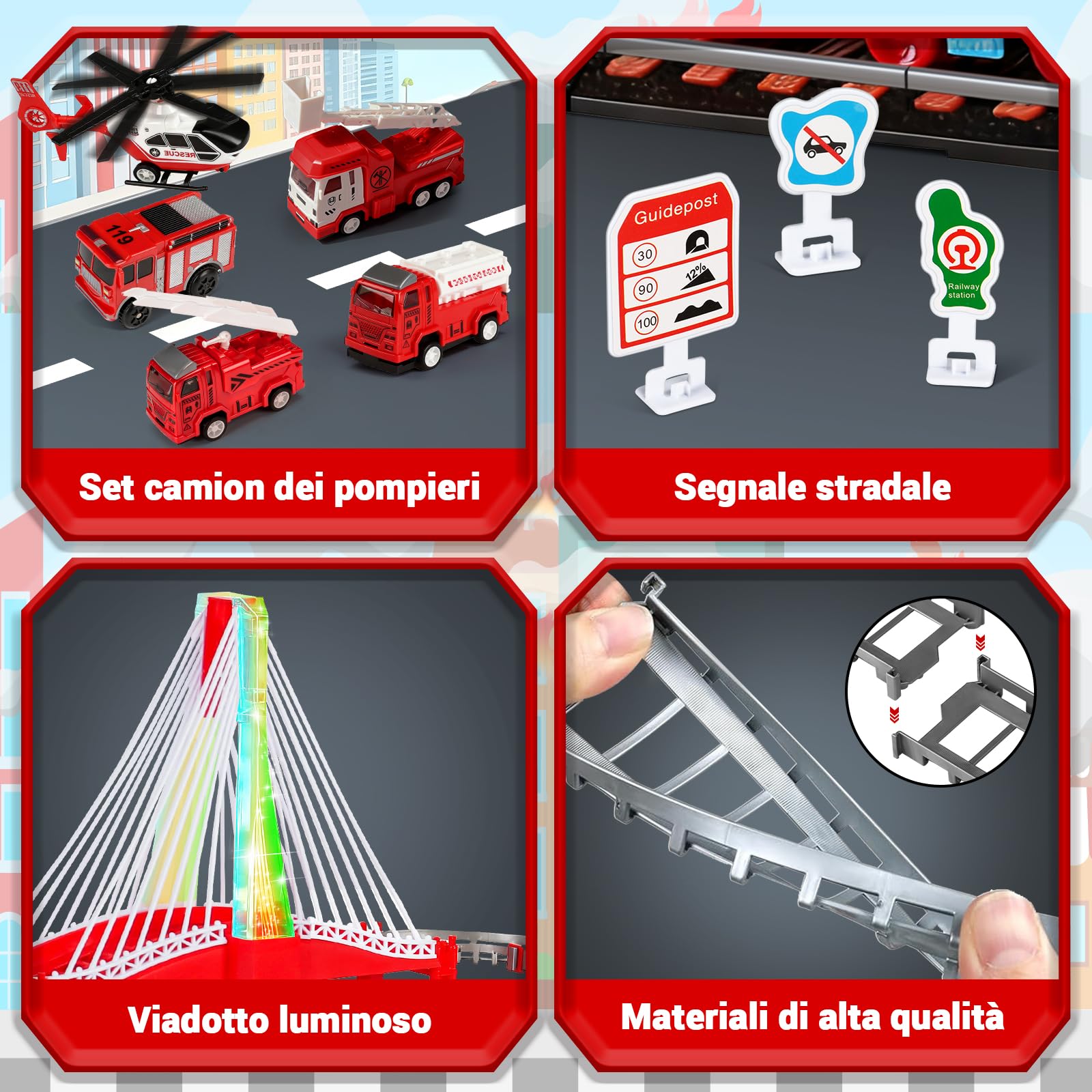 JONRRYIN Trenino Elettrico per Bambini, 161Pezzi Giocattolo Pista Macchinine, Pista Treno e Auto Elettrico a Tema Pompieri con 4 Camion dei Pompieri, Giocattolo di Costruzione per Bambini 4 5 6 Anni