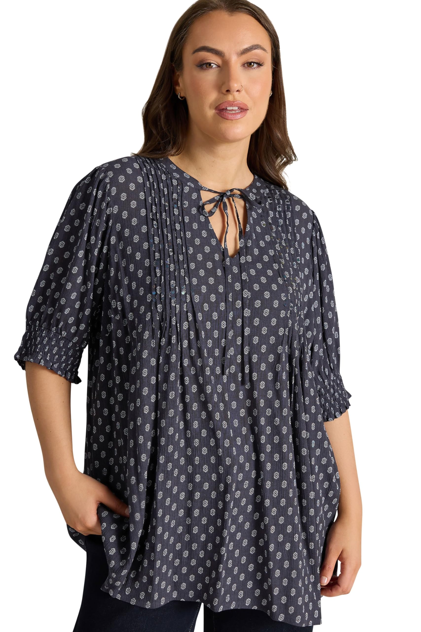 Evans Women's Navy Curve Blue Dobby Tie Neck Pintuck Blouse - Plus Size Curve