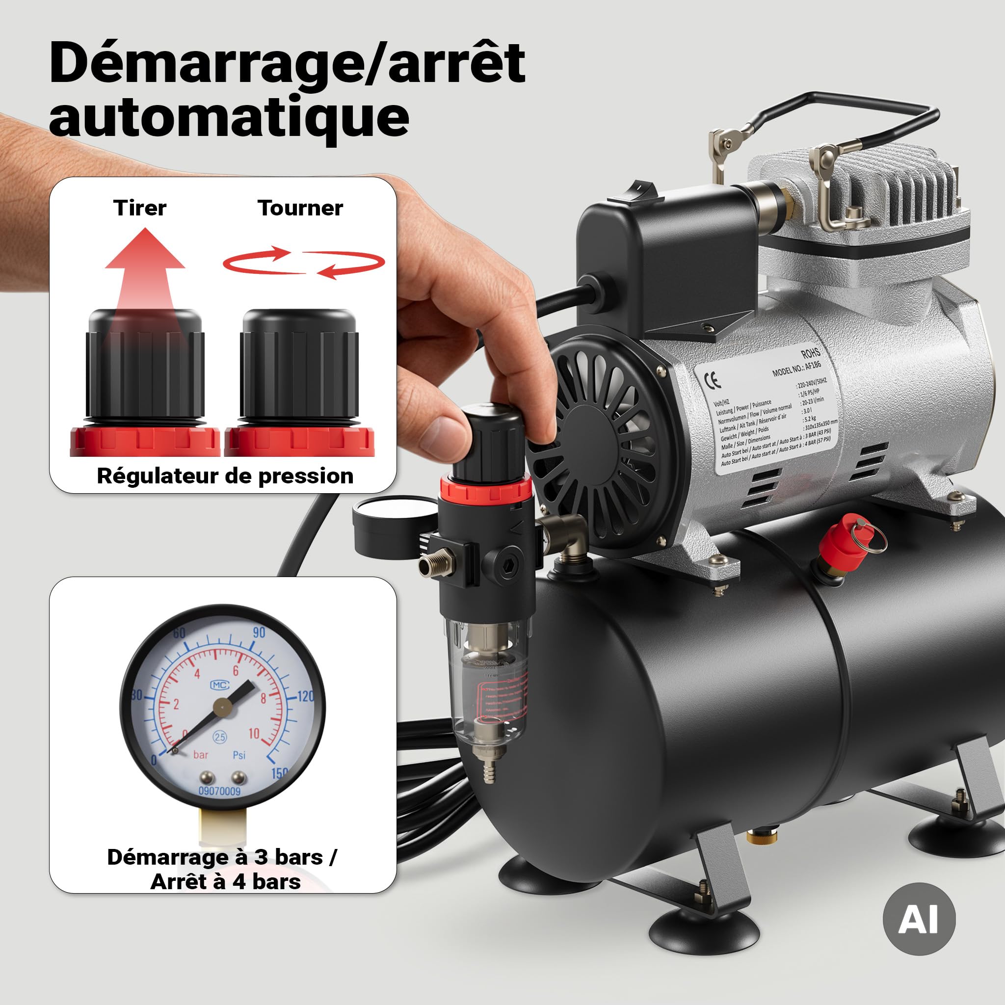 Wiltec Compresseur à membrane Aérographe Airbrush AF186 – 4 bar – Diaphragme – Sans huile – Réservoir d'air Réducteur de pression Coupure automatique – Aérographie, modélisme, manucure, tatouage