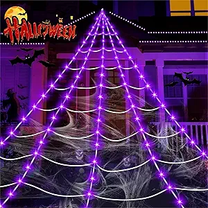 Halloween Decorations Outdoor, 250LED 23x18 FT Giant Spider Web with Purple Lights, Lighted Triangular Black Spider Web with Sturdy Wire, Waterproof, Timer, 8 Modes for Yard Halloween Décor