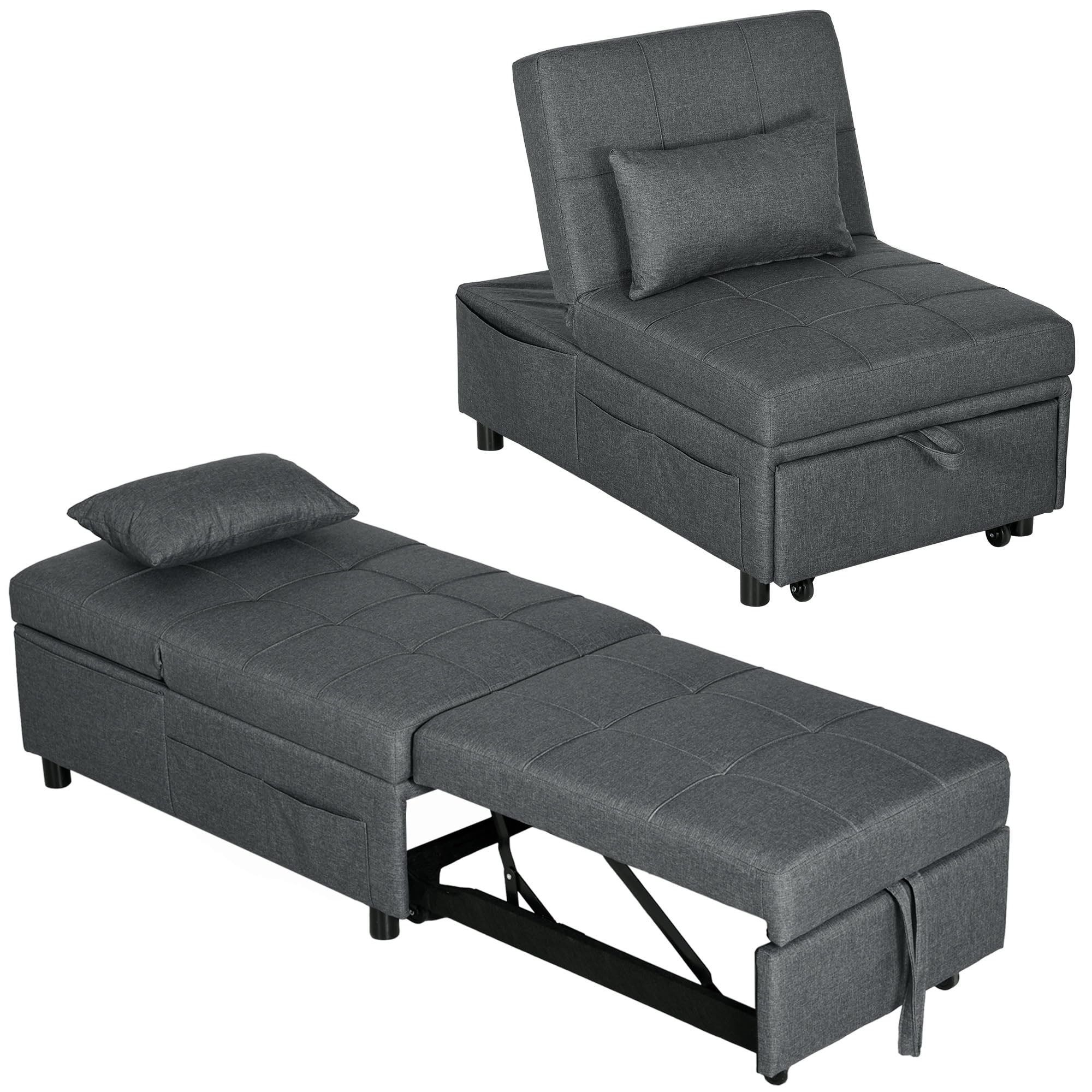 HOMCOM Poltrona Letto Singolo 3 in 1, Poltroncina Reclinabile a 3 Livelli con Rivestimento in Tessuto Effetto Lino e Cuscino, 65.5x104x81 cm, Grigio