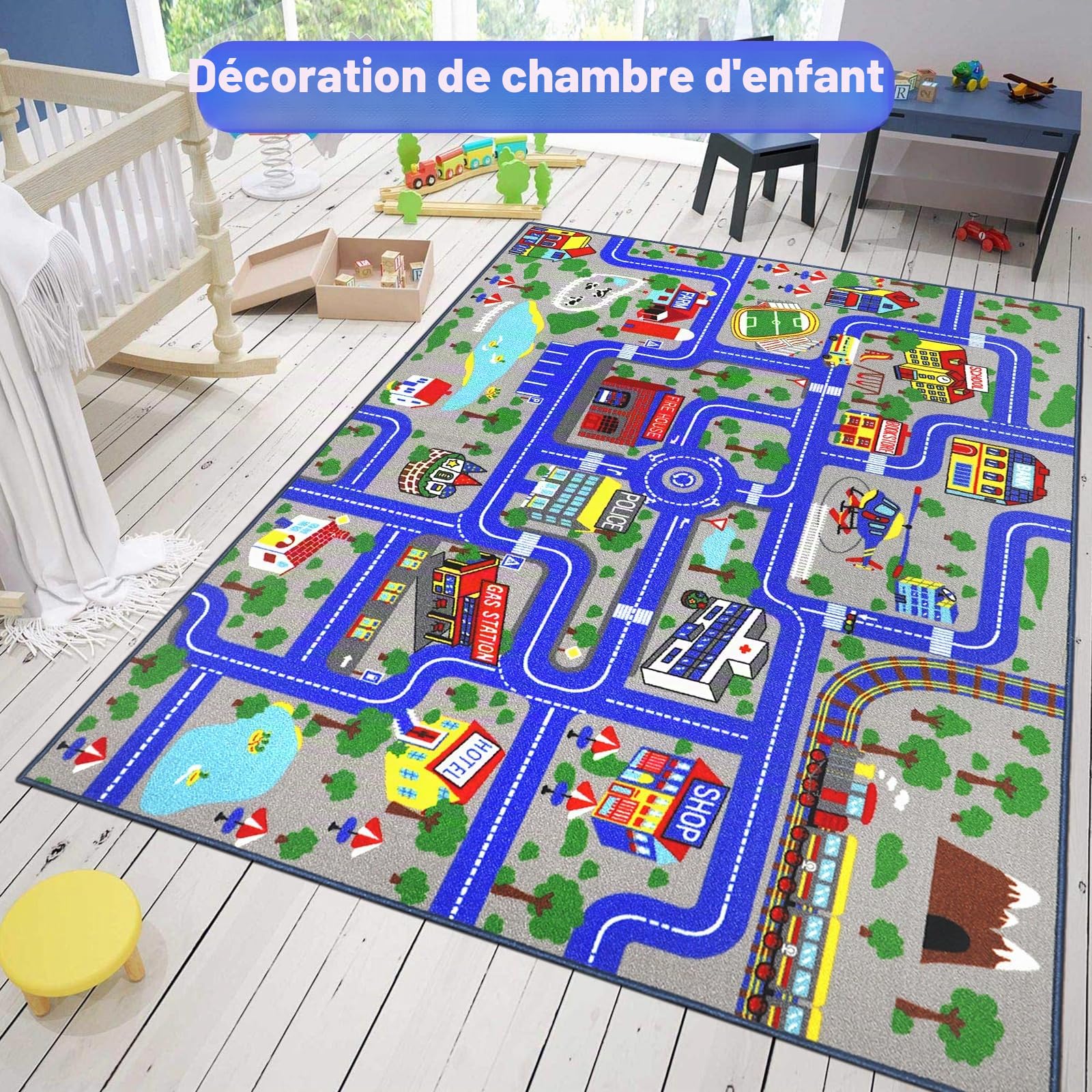 Capslpad Tapis de jeu pour enfants Town City Road Car - 150 x 200 cm - Antidérapant - Lavable en machine - Tapis d'exercice à poils courts - Tapis éducatif pour chambre d'enfant - Décoration de salle