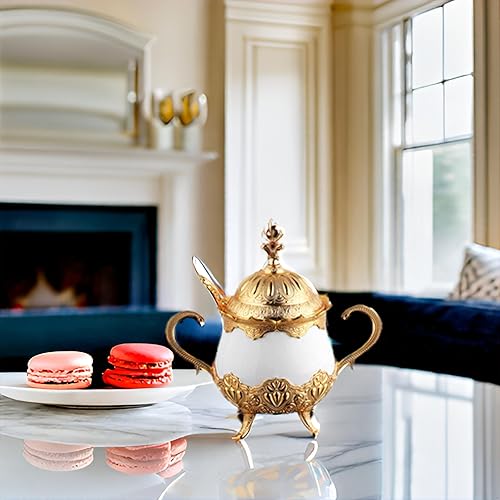 Miniatura 6 de LaModaHome Azucarero con tapa y cuchara para el hogar, cocina y fiesta de boda, delicia y porción de chocolate, cuenco decorativo - doradoblanco