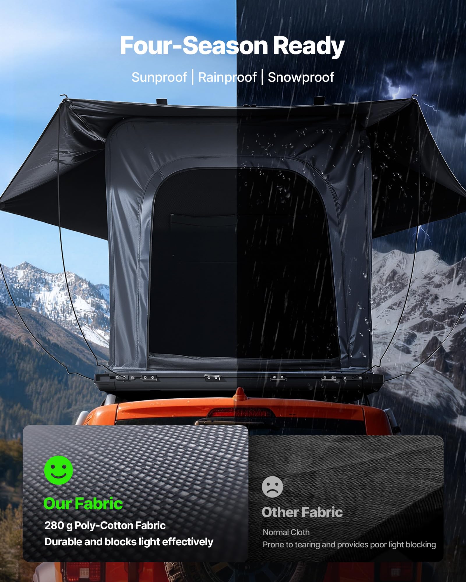 VEVOR Tenda da Tetto per Auto per Campeggio Viaggio Capienza ca. 2-3 Persone, Tenda Sopra Auto Telaio in Alluminio con Illuminazione LED Finestra Scala Carico 150 kg, Impermeabile per Jeep SUP