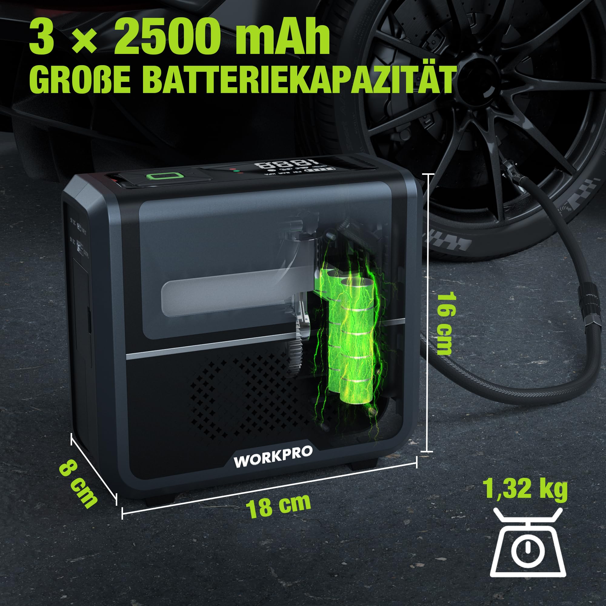 WORKPRO Kabellose Elektrische Luftpumpe 3-in-1 mit LED-Licht, Powerbank, Akku Kompressor mit Display & Abschaltautomatik, für Auto, Fahrrad, Motorrad, Bälle – USB & 12V Ladeoption | Digitales Display und automatische Abschaltung zum Aufpumpen von Auto, Mo