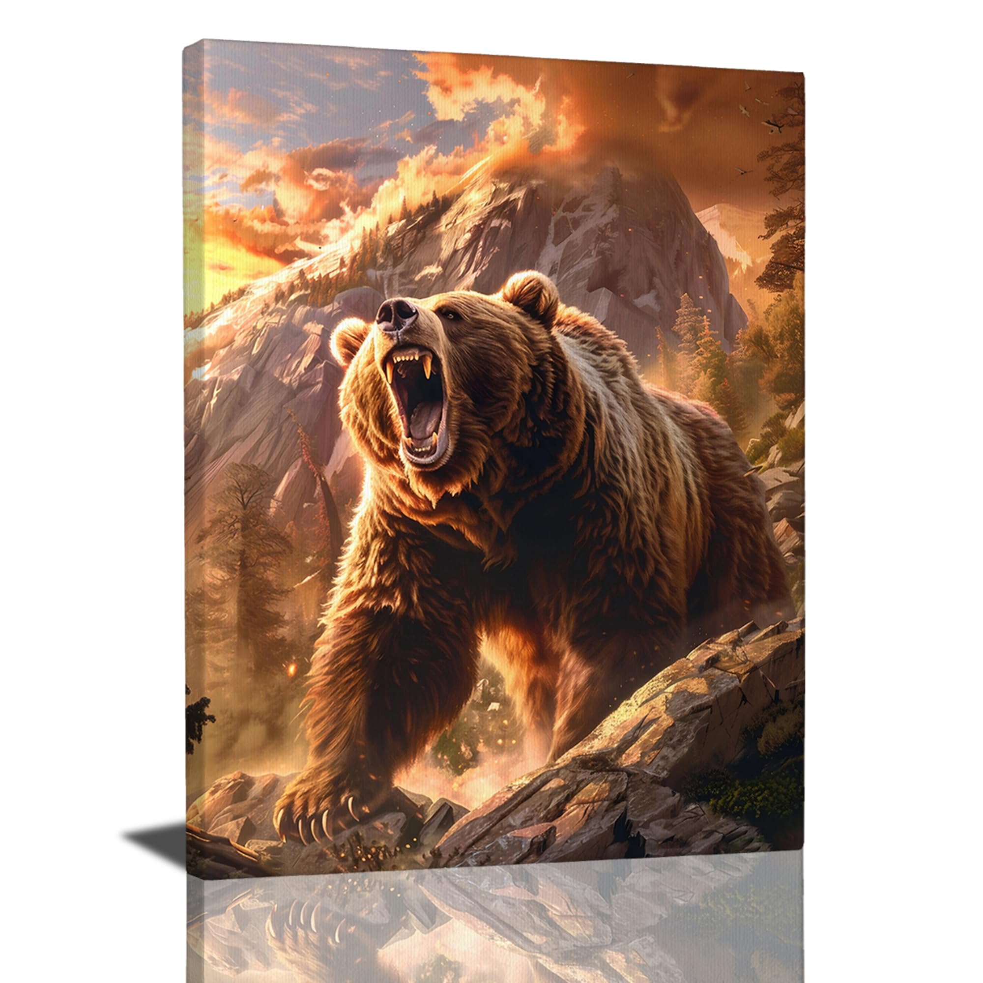 Forest Bear Decor Wall Art - Bear Wall Decor, Canvas Print, Framed Artwork for Bathroom, Bedroom, Living Room - 12x16