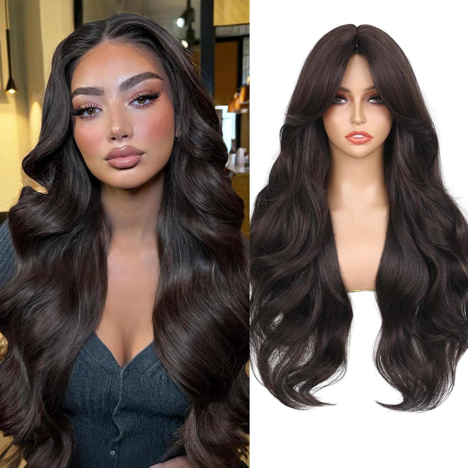 WIGNEE Long Brown Wavy Wig 26 Inch Curtain Bang Wig with Realistic Hairline Synthetic Brunette Wig With Bangs Natural Wavy Wigs For Black Women Daily Party Use