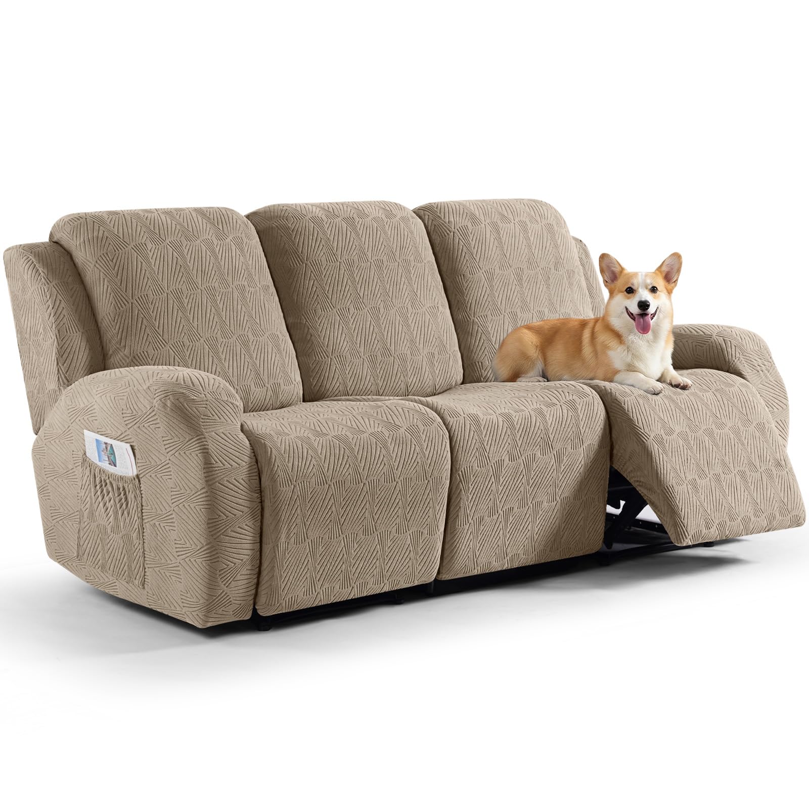 TAOCOCO Funda Sillon Relax Reclinable Elástica, Funda Jacquard para Sillón con Bolsillos, Funda de Sofá Resistente a Manchas y arañazos, Adecuada para Gatos, Perros y niños(3 Plazas, Caqui)
