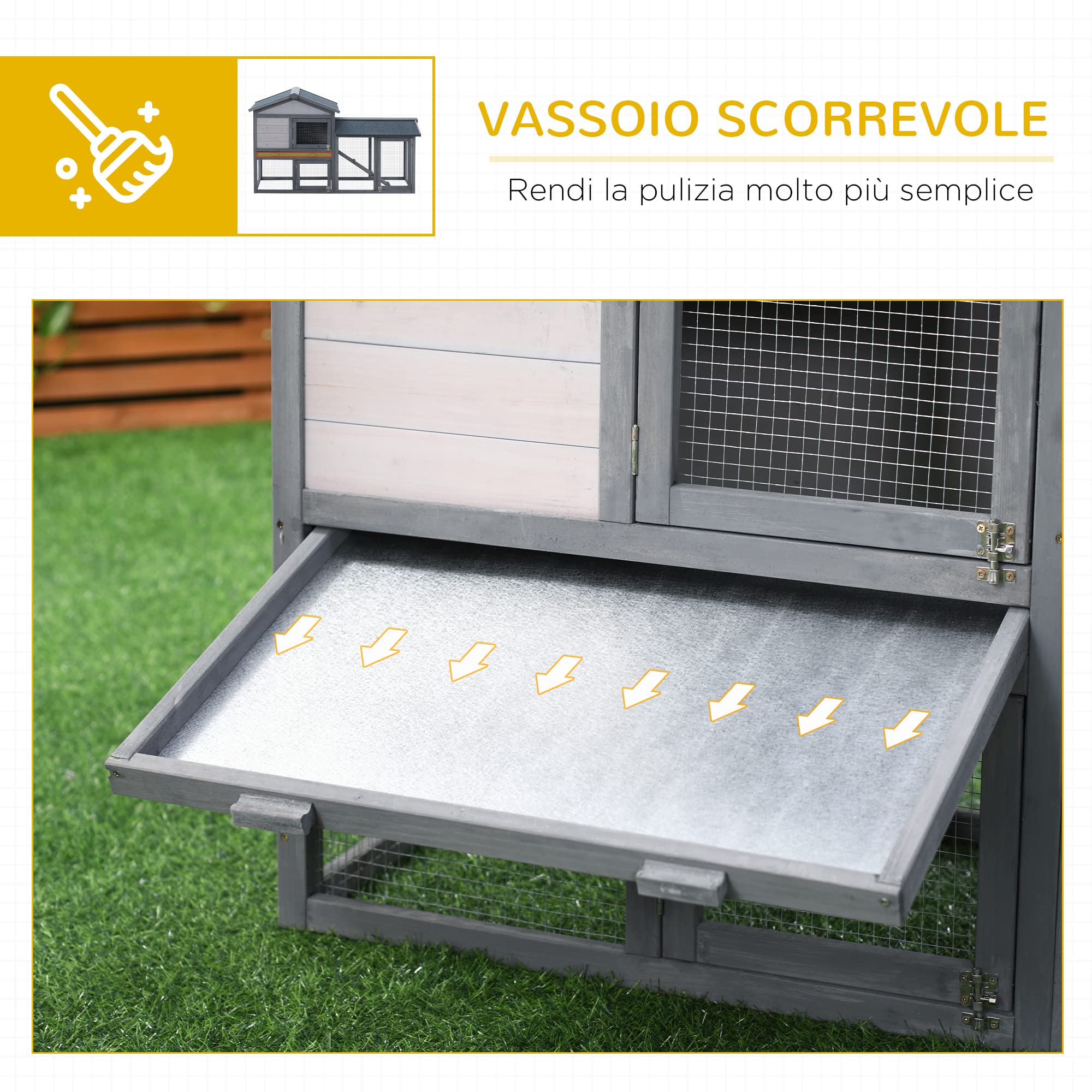 PawHut Conigliera Gabbia per Conigli in Legno da Esterno con Casetta, Spazio Aperto Recintato e Tetto 147x54x84cm