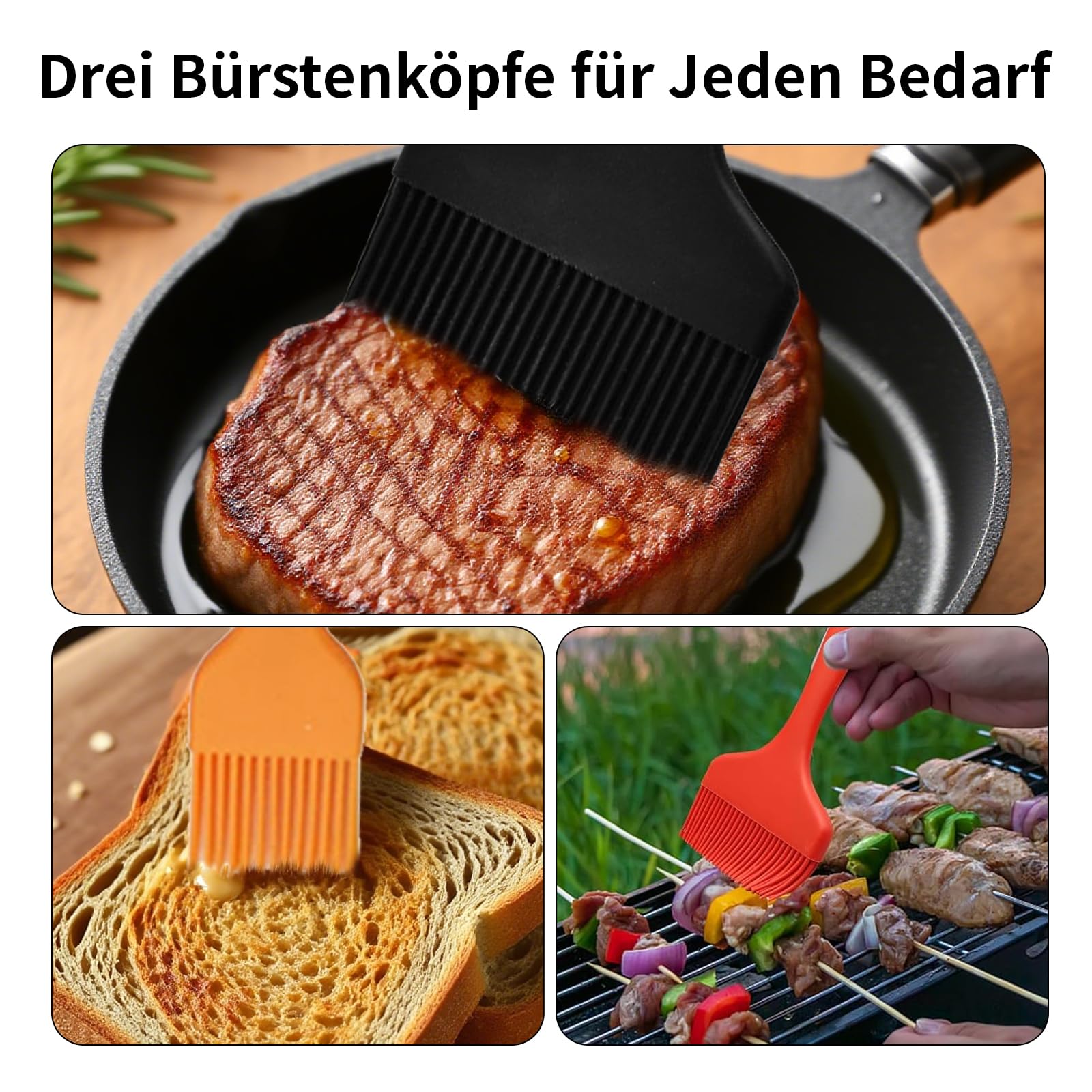 Lot de 3 pinceaux à pâtisserie en silicone extra large de 21 cm - Pinceaux de cuisine en silicone - Grands et petits pinceaux de cuisine pour barbecue, barbecue, pâtisserie, cuisine