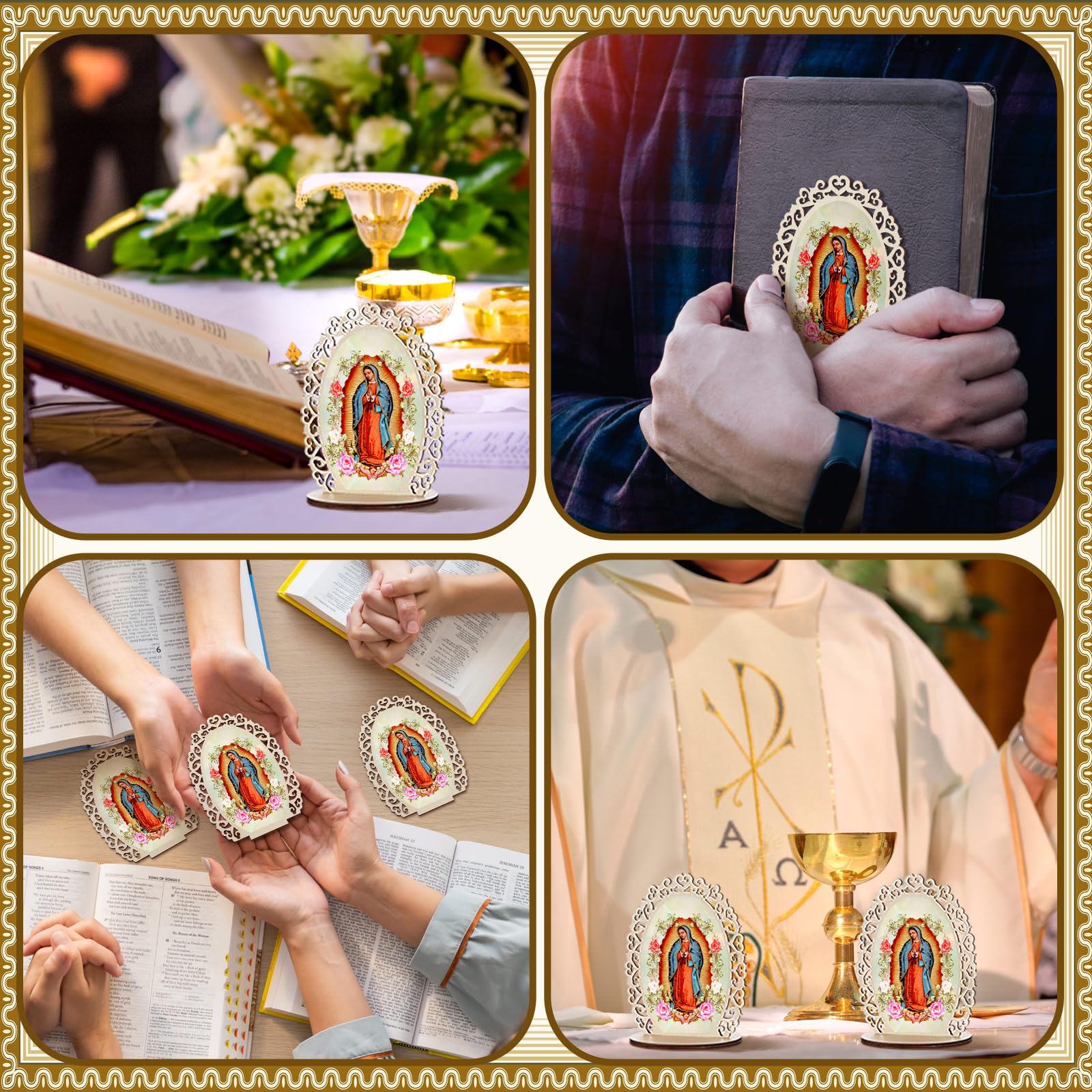 Soaoo Holzstatuen "Our Lady of Guadalupe", "Virgen De Guadalupe", Bilderrahmen, Taufgeschenke für Gäste, Taufaufaufaufaufsätze für Tisch, Erstkommunion, katholische Gastgeschenke, oval, 24 Stück
