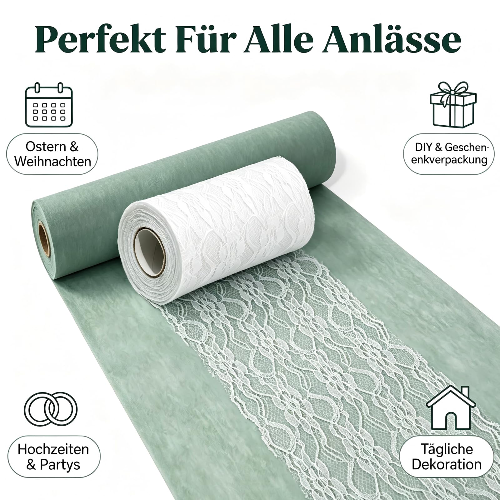 Tischläufer Set - Eukalyptus Grün Vlies Tischband (30 cm x 25 m) und Weiß Spitzenband (15 cm x 25 m) für Kommunion, Taufe, Geburtstag, Hochzeit, Elegante Tischdekoration