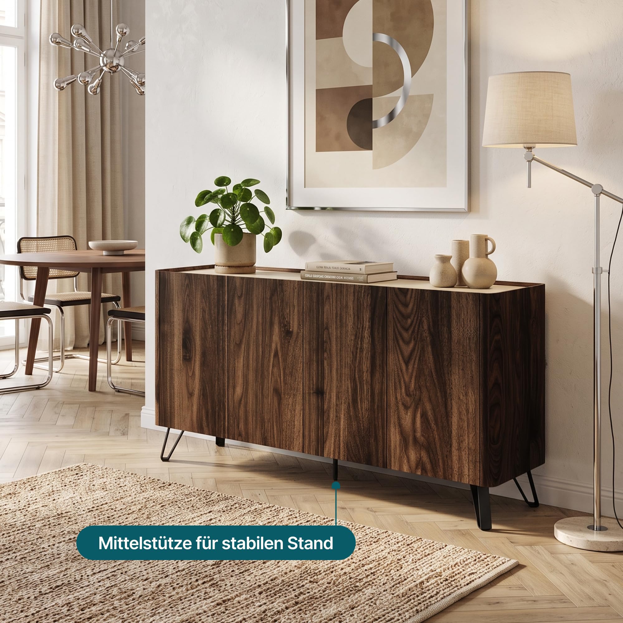[en.casa] Sideboard Trorlon mit 4 Türen 160x40x83 cm Walnuss/Travertin