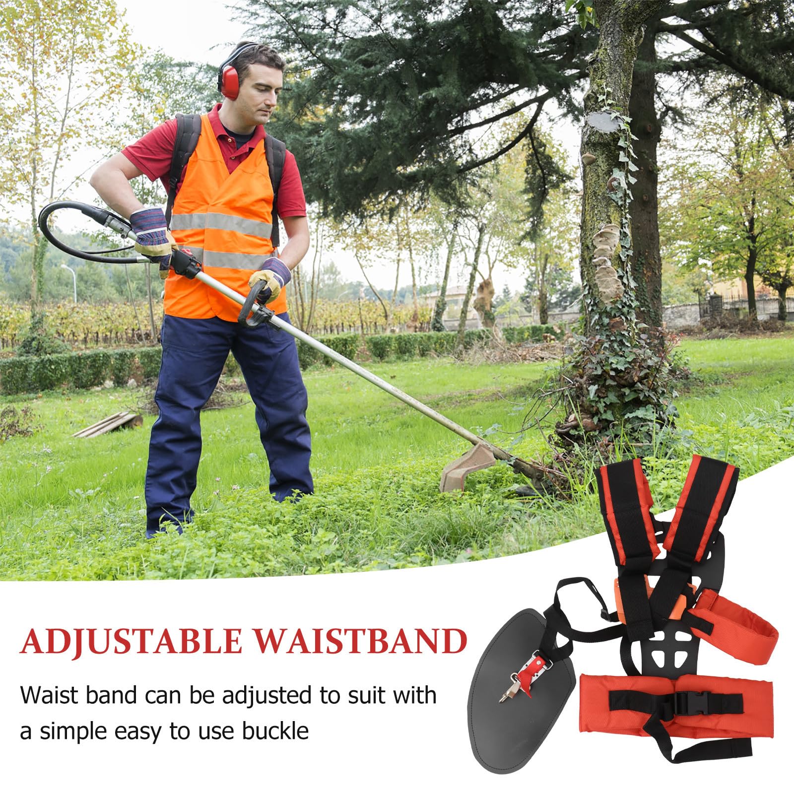 Veemoon Correa de Corte Acolchada Arnés Doble Hombro en Forma de W, Ajustable y Desbrozadora, Cinturón Ergonómico Naranja para Trabajo en Jardín