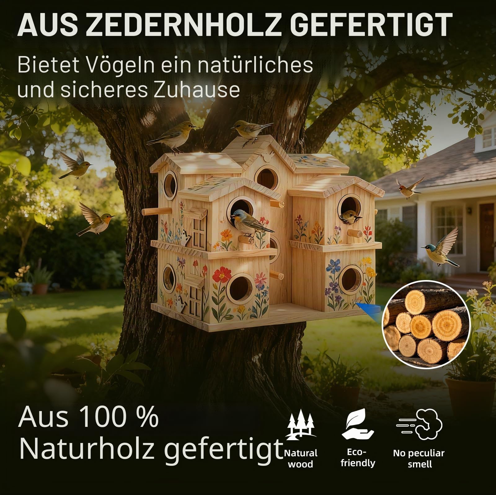 Mehrkammer-Vogelhaus aus Holz, 10 Nistfächer, Kiefer naturbelassen