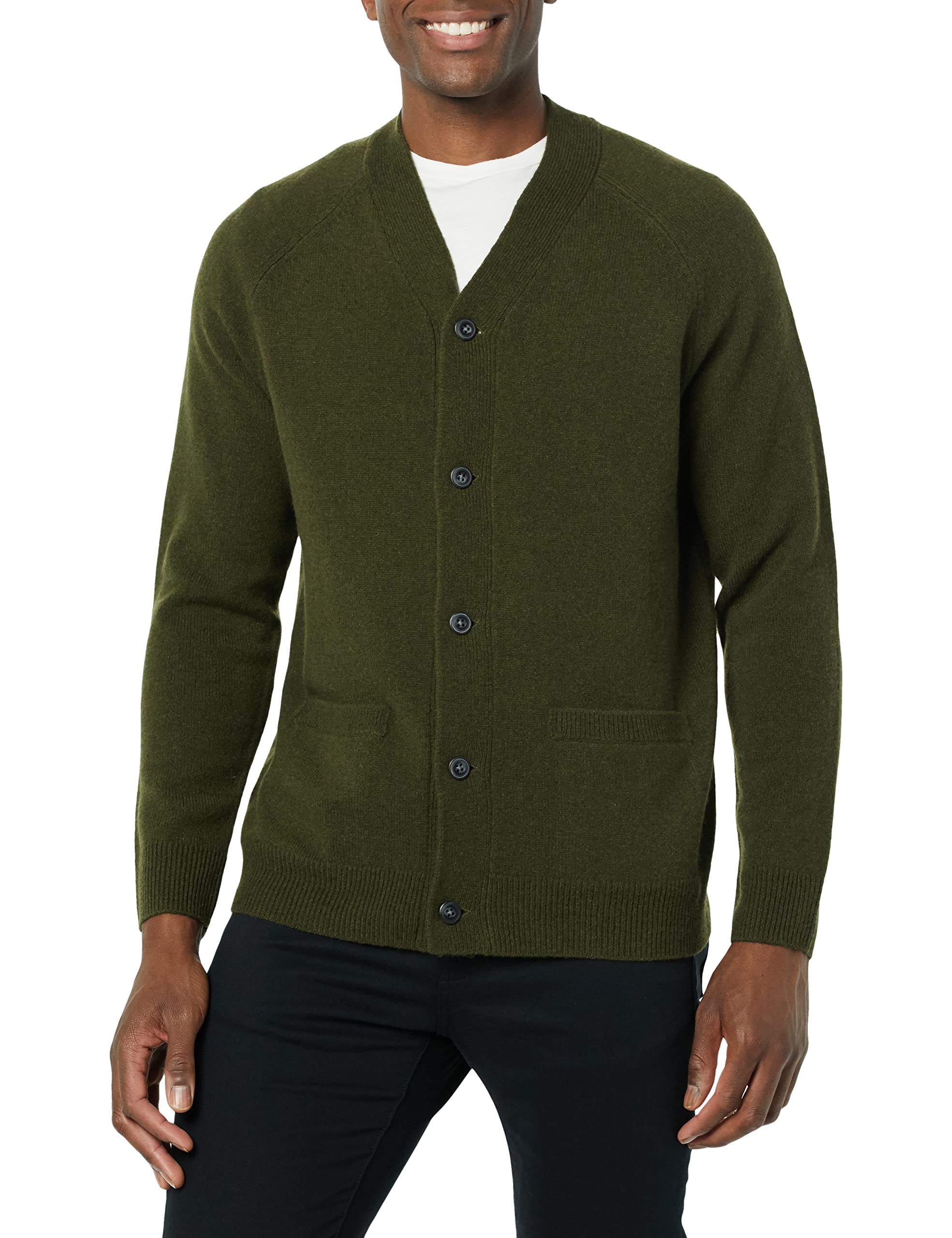 Amazon Essentials Men's Lambs Wool V-Neck Cardigan Sweater with Pockets (Previously Goodthreads), Dark Olive, X-Small