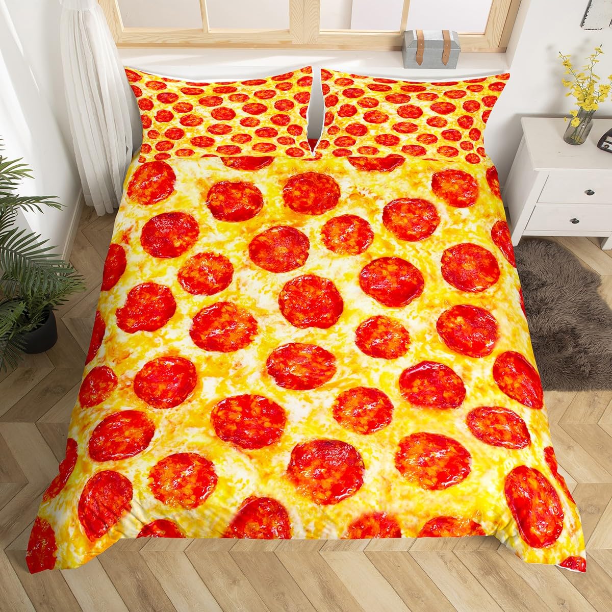 Homemissing Prosciutto Pizza Bedding Set Pizza Duvet Cover Realistic Pizza Comforter Cover Kids Toddler 3D Food Themed Bedspread Cover Bed Set With 1 Pillow Case Single