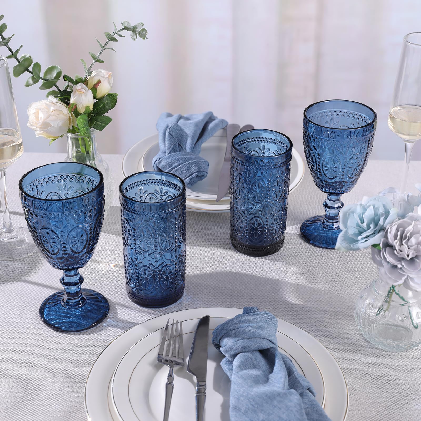 Blue Wine Glasses - Vintage Goblets Set of 4 -6