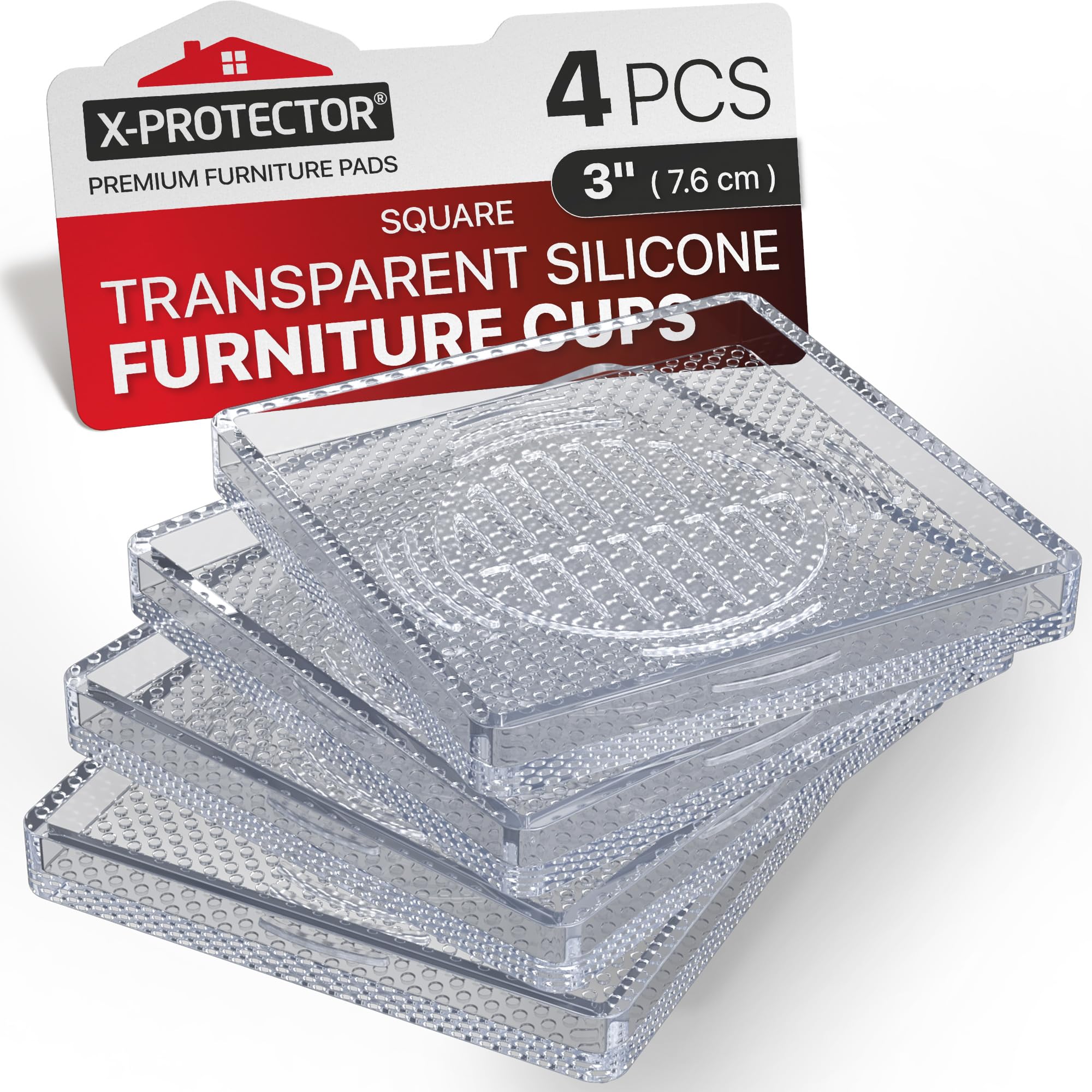 X-Protector Furniture Cups - 4 PCS 3" - Non Slip Furniture Pads (Square) | for Hardwood Floors - Transparent Floor Protectors - Bed Stoppers to Prevent Sliding - Keep Furniture from Sliding on Floor!
