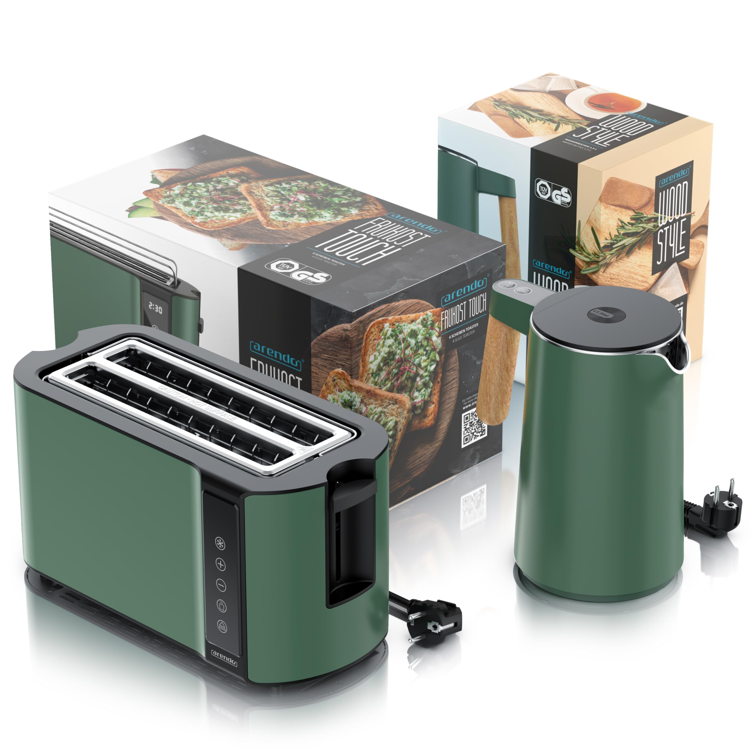 Arendo Küchen Set Edelstahl Wasserkocher Temperatureinstellung Toaster Langschlitz 4 Scheiben Touchpanel LED Display Brötchenhalter