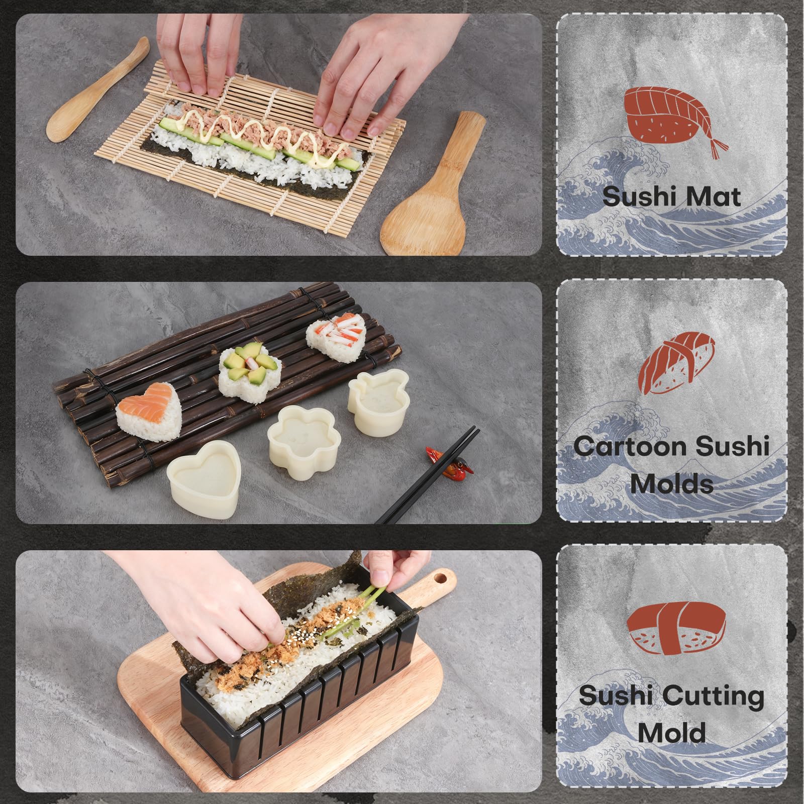 Kit per sushi, kit per sushi, kit da 33 pezzi per sushi per principianti, kit con stampo per taglio sushi, stampo per palline di riso, pressa per onigiri, coltello, tappetini in bambù, pagaia