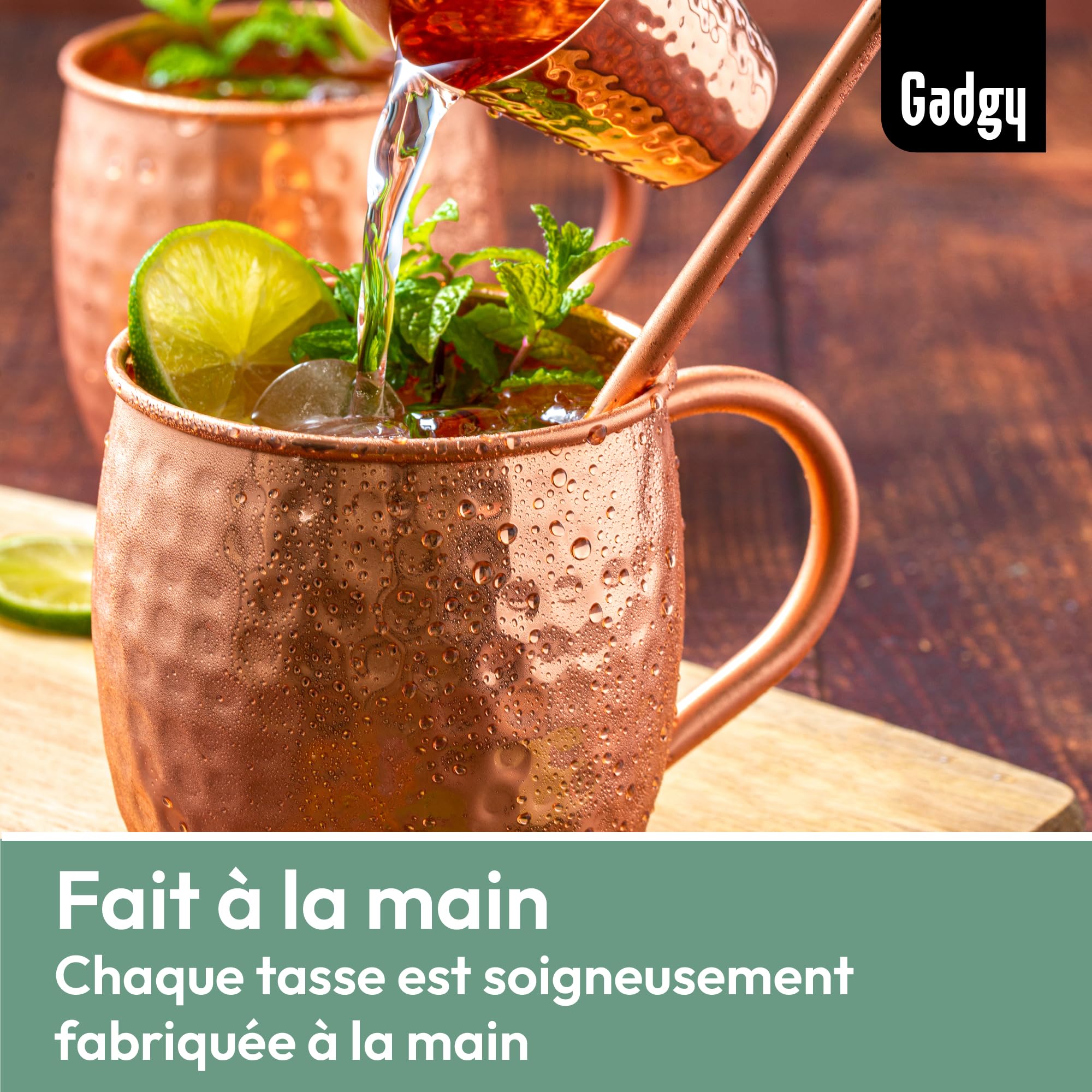 Gadgy Set Moscow Mule en Cuivre – Ensemble de Verres à Cocktail avec 4 Gobelets Fait Main – 4 Pailles et Doseur Inclus – Coffret Cadeau Premium