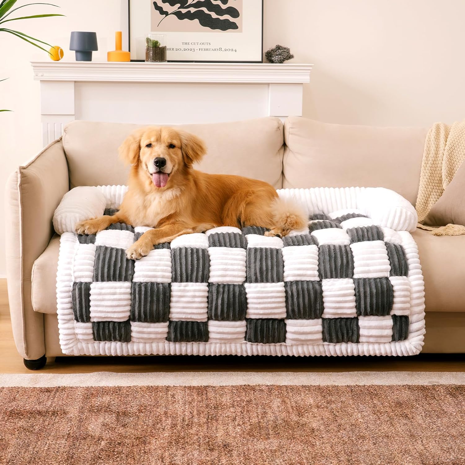 FUNNY FUZZY Couch Cover for Dogs, Loveseat Covers Bed for Large Dogs Cream Plaid Washable Pet Mat for Furniture Protector for Car Seat, X-Large, Black 47.2"L x 37.4"W x 6.3"Th Black