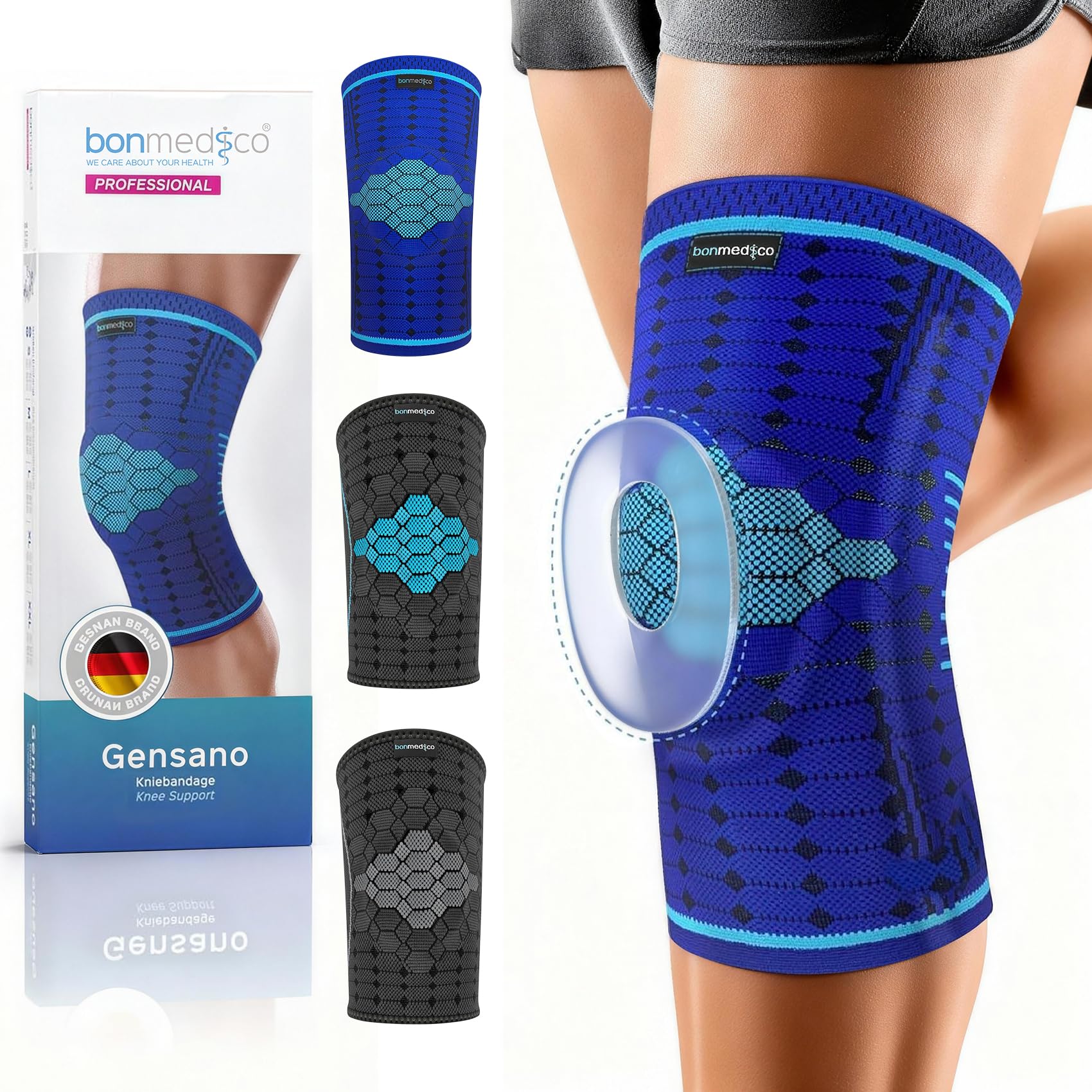 bonmedico Rodillera Gel Silicona Compresión Azul XXL | Rodillera deportiva con ajuste cómodo, gel de silicona y tejido transpirable.