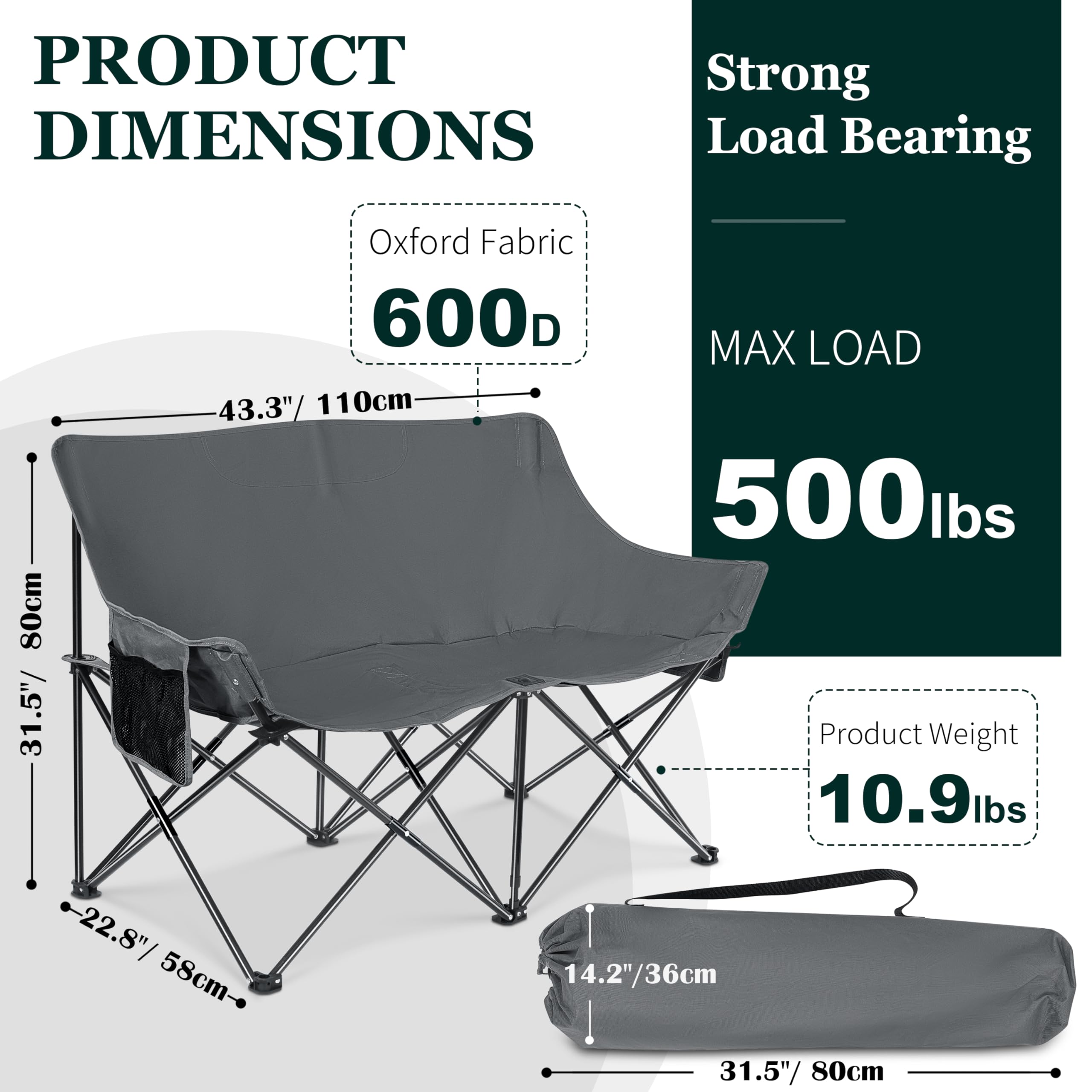 Leonyo Double Camping Chair, Fully Padded Folding Loveseat, Portable Oversized Duo Chair with Storage Cup Holders, Height-Adjustable Armrests & Carry Bag, Supports up to 500lbs, Grey