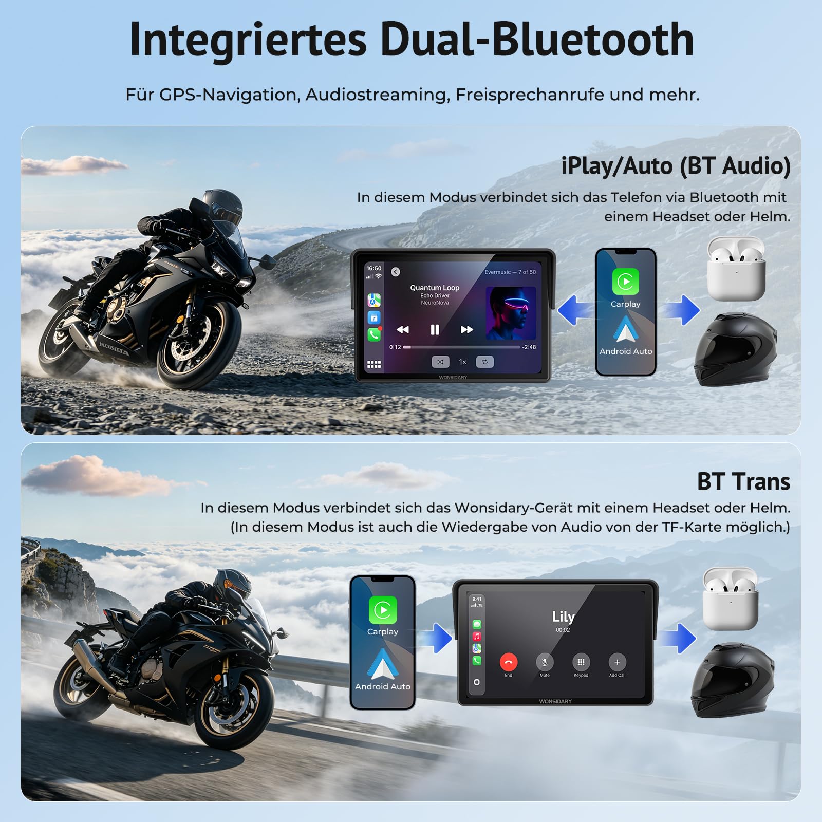 W522TPMS 5 Zoll Motorrad CarPlay Display mit TPMS & Android Auto | Motorrad Navi Display mit IP67 Wasserdichtes ,Dual Bluetooth, Sprachsteuerung, EQ，USB & ACC Anschluss für Motorrad Reisen