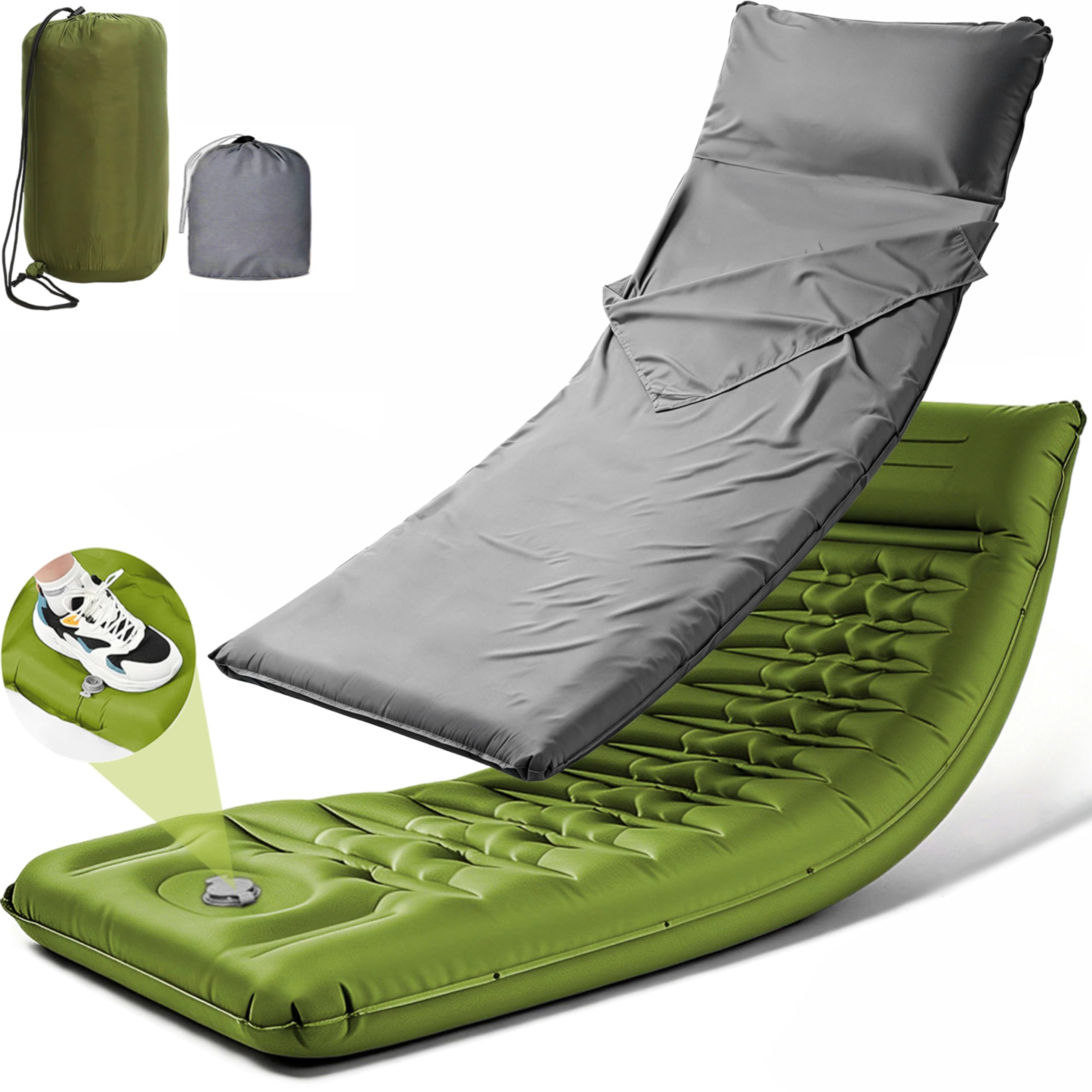 Camping Sleeping Pad, Extra Thick 5 Inch with Built-in Pillow & Foot Pump | Camping Mat with Ultralight Sleeping Bag Liner Travel Sheet, Inflatable Sleeping Pad for Outdoor Hiking Backpacking Travel