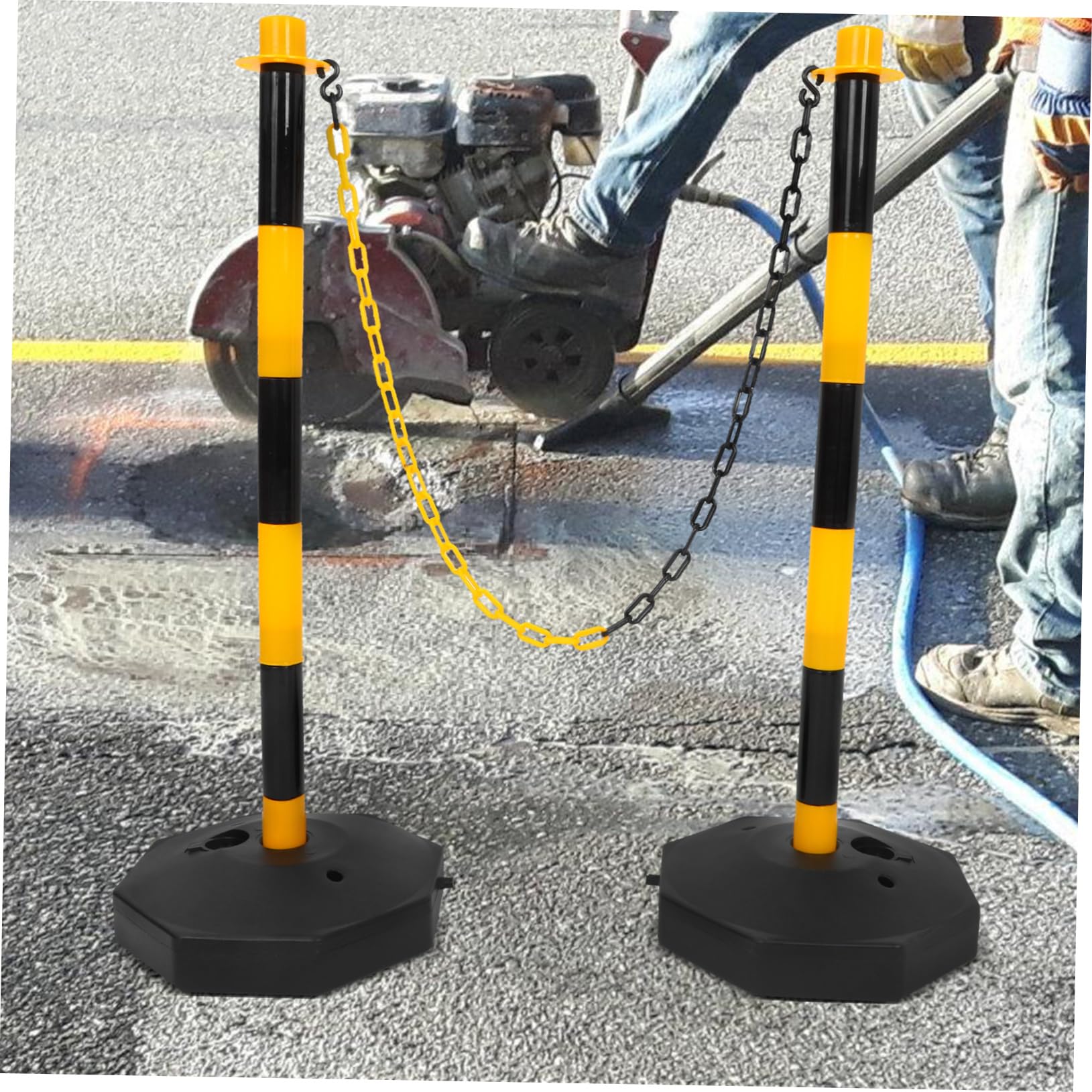 Cabilock Poste de Seguridad Vial Rellenable con Base Desmontable y Portátil para Control de Accesos Estacionamientos y Gestión de Instalaciones Postes Negros y Amarillos Cadenas Ganchos de