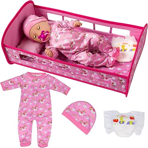 Miniatura 1 de Ecore Fun Muebles de cuna para muñeca de bebé, juego de cama y accesorios para muñecas de bebé, incluye traje de mameluco, cuna de muñeca, pañal