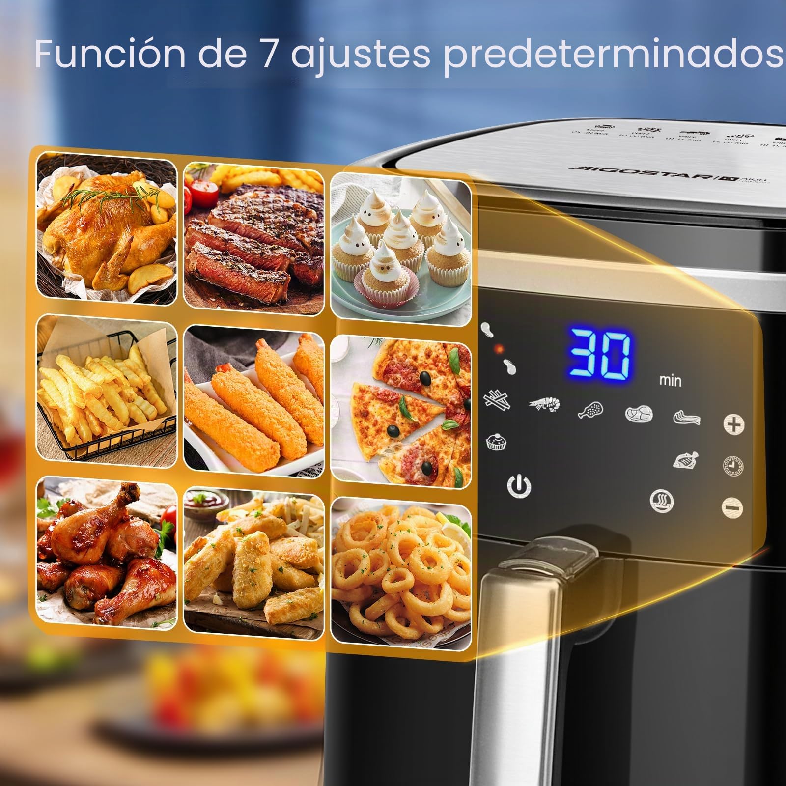 Aigostar Cube - Freidora de aire XXL, 1900W, 7L Air fryer. Libro de recetas incluido, panel LED táctil. Doble uso: con cesta o cajón. 7 funciones preestablecidas + mantener caliente, Sin BPA.