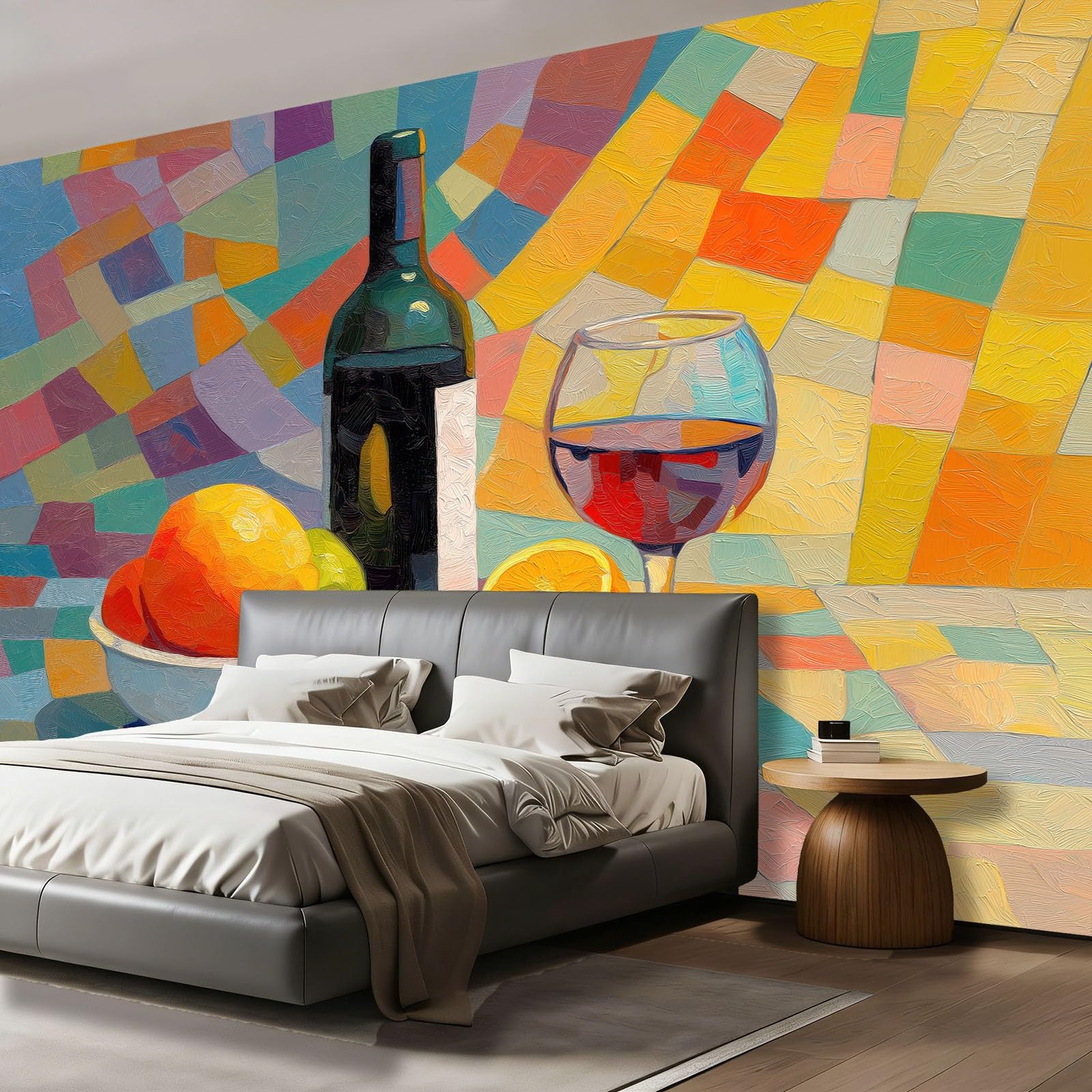 Vliestapete 350 x 256 cm, Moderne Kunst Rotwein Weinglas, Fröhliche Motivtapete für große Kinderzimmer, Bunt