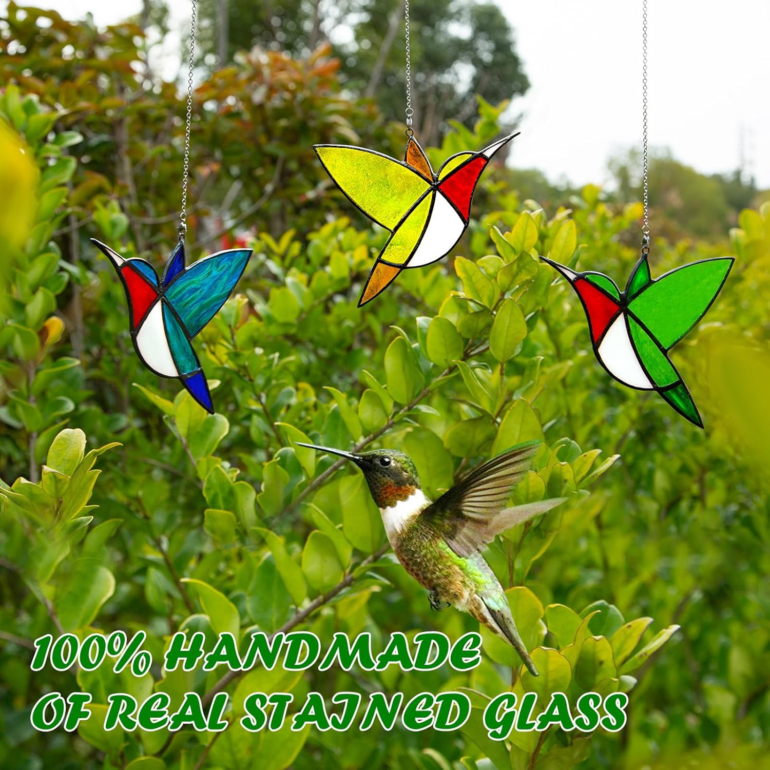 Stained Glass Hummingbird Window Hanging Handcrafted Tiffany Style Sun Catcher Little Bird for Garden, 3 Colors in one Box (Tricolor Suit)