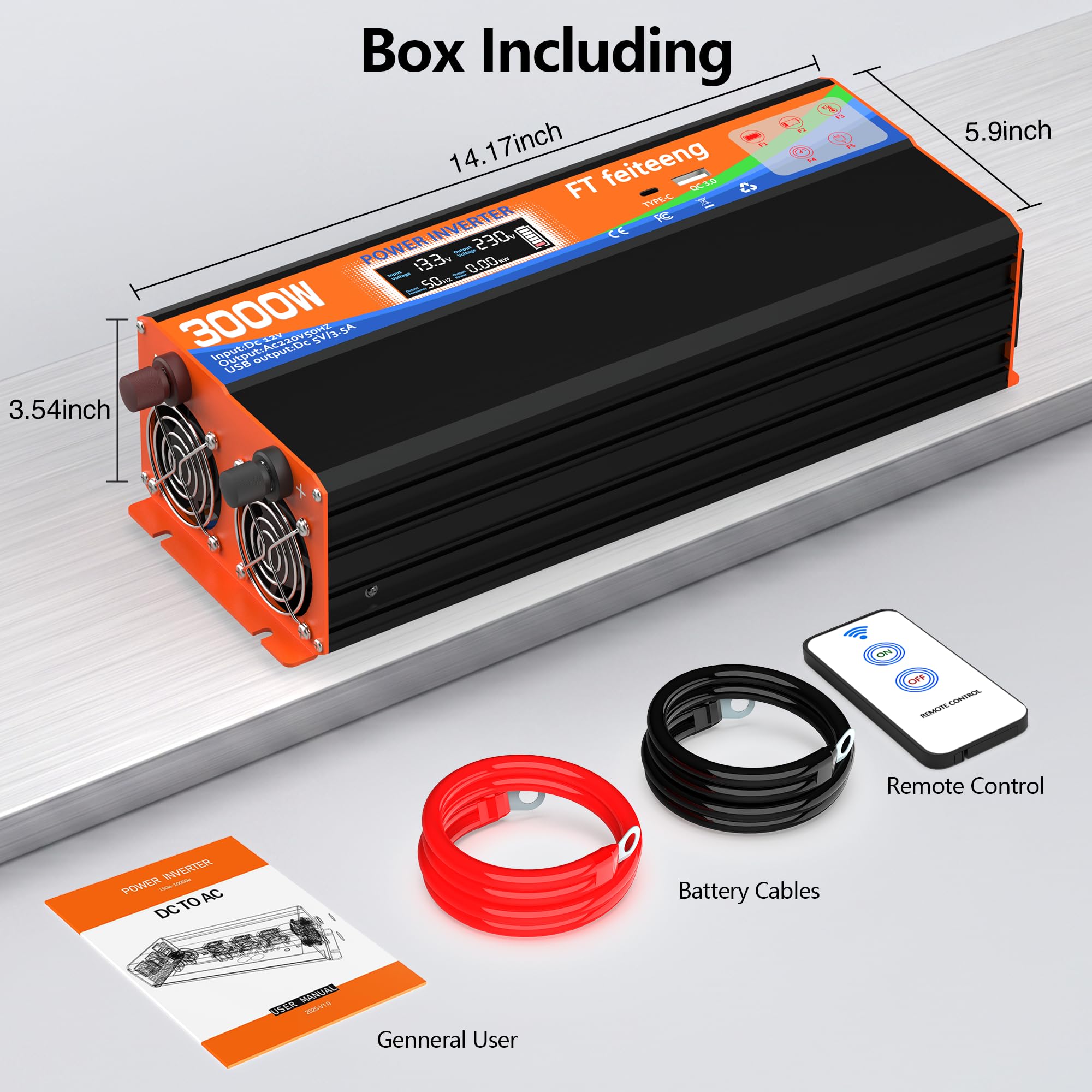 3000W Wechselrichter 12V auf 230V Spannungswandler mit 2 Europäische Steckdose und USB-C-Anschluss und QC 3.0-Hafen LCD Spannungsanzeige，Für Wohnmobil Haushaltsgeräten