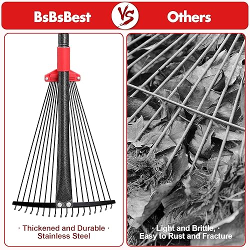 Miniatura 8 de Rastrillo de 61 pulgadas para hojas con 18 dientes de metal de 10 a 18 pulgadas, rastrillo de cabeza expandible con mango ajustable para césped,