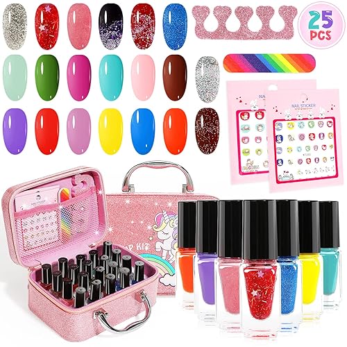 Juego de esmaltes de uñas para niñas, 25 piezas no tóxico, despegable, a base de agua, brillante, opaco y de Navidad, regalos de cumpleaños,