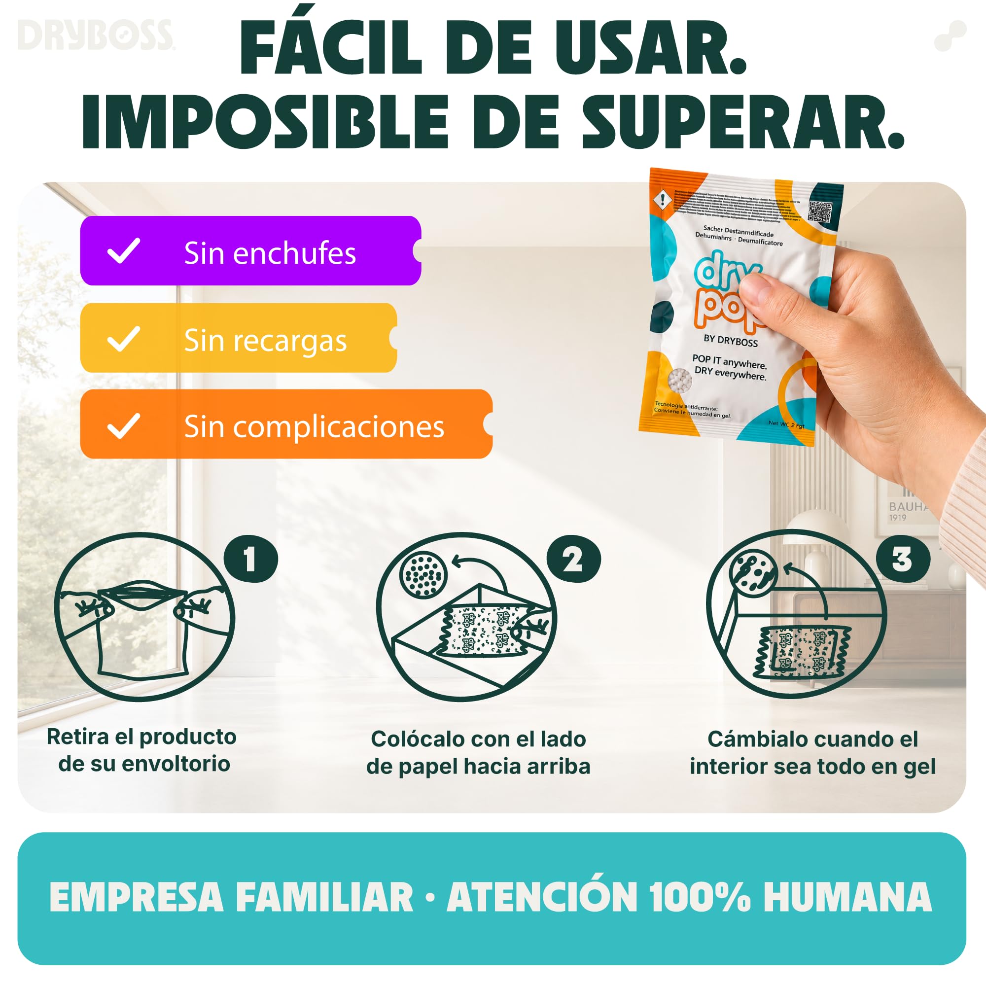 Pack 18 Sachets Antihumedad Cajones – Deshumidificador DRYPOP 20G | Absorbente de Humedad Seguro y Compacto para Cajones, Armarios, Trasteros, Baño, Coche, Cocina y Espacios Pequeños