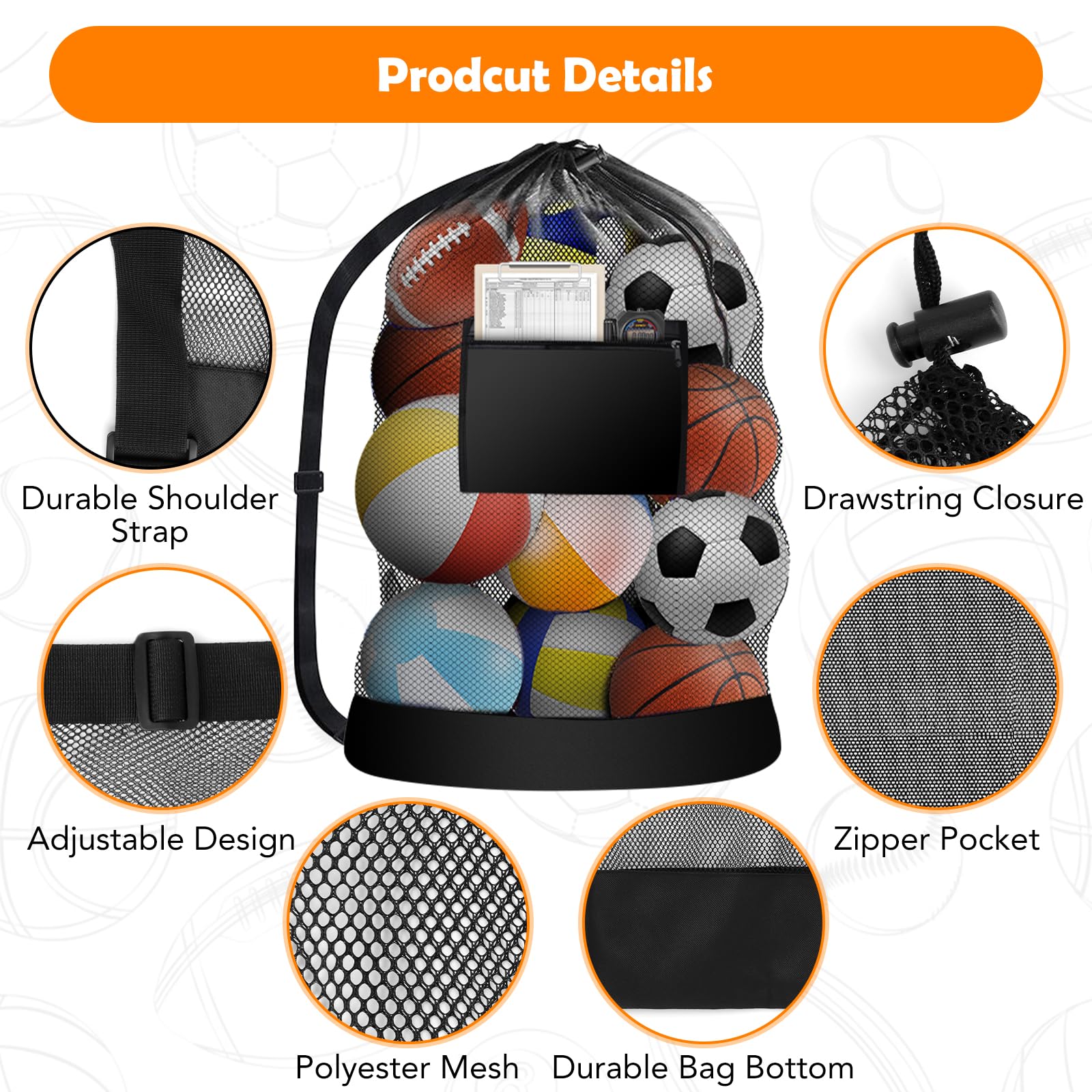 Bolsa de Malla Extra Grande para Balones de Fútbol, Voleibol, Baloncesto, Rugby, 76x100cm