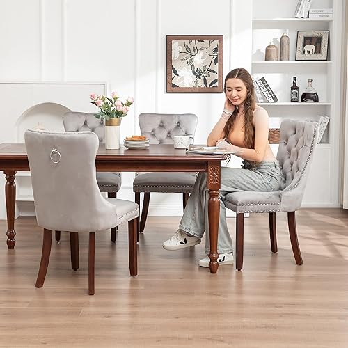 Miniatura 2 de Kiztir Juego de 4 sillas de comedor de terciopelo, sillas de comedor tapizadas con ribete de cabeza de clavo y respaldo con botón, silla de comedor