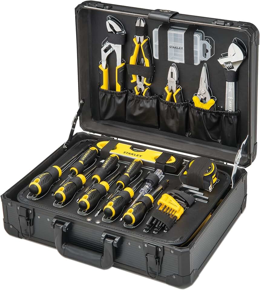 STANLEY Valise de Maintenance 142 Pièces - Pinces et Coupe-Touts, Clé à Molette, Niveau, Mesure, Tournevis, Scie à Métaux, Cutter, Marteau, Outils pour Serrage-Vissage STMT98109-1