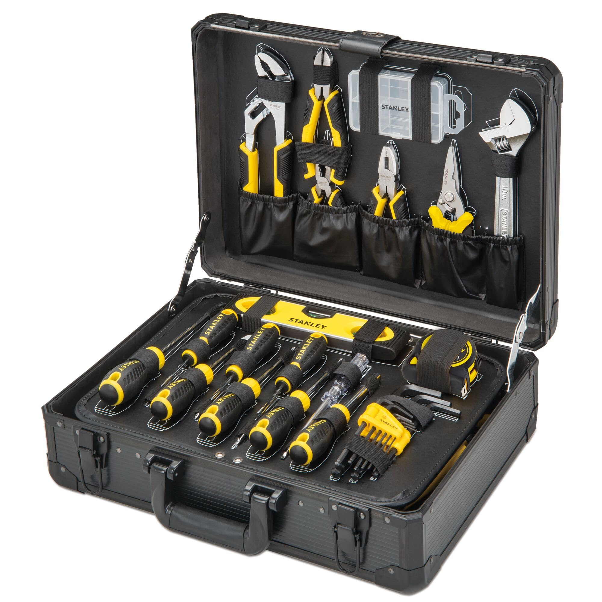 STANLEY Valise de Maintenance 142 Pièces - Pinces et Coupe-​Touts, Clé à Molette, Niveau, Mesure, Tournevis, Scie à Métaux, Cutter, Marteau, Outils pour Serrage-​Vissage STMT98109-​1
