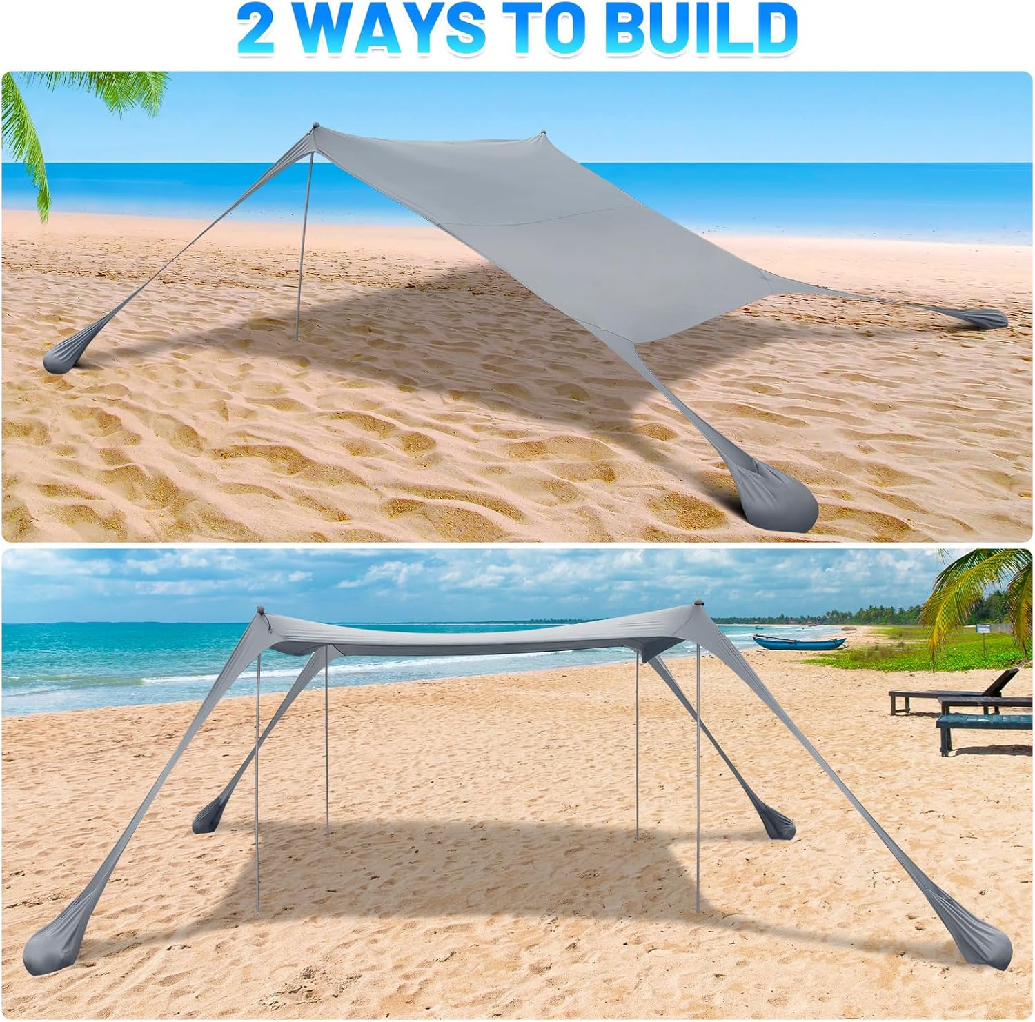 BOTINDO Family Beach Tent Canopy Sun Shade, Pop Up Grande Beach Tent Sun Shelter Stability 4 Poles with Portable Carry Bag Outdoor Shade for Fishing Backyard Camping