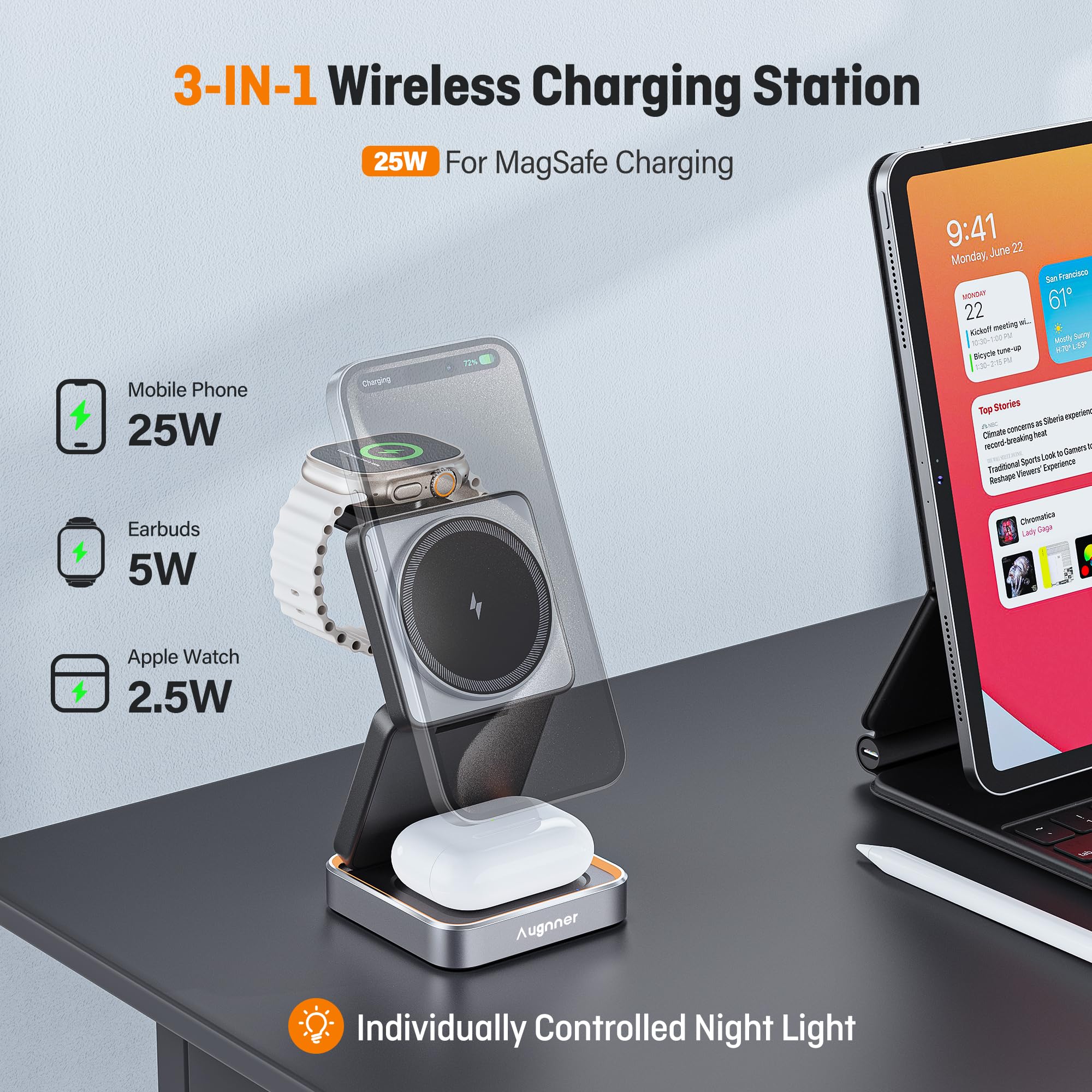 Estacion de Carga iPhone 25W, Plegable Cargador Inalámbrico Rapida para iPhone 17 16 15 14 13 12, 3 en 1 Base de Carga iPhone y iWatch, Soporte de Carga de Viaje con AirPods Pro con 45W Adaptador