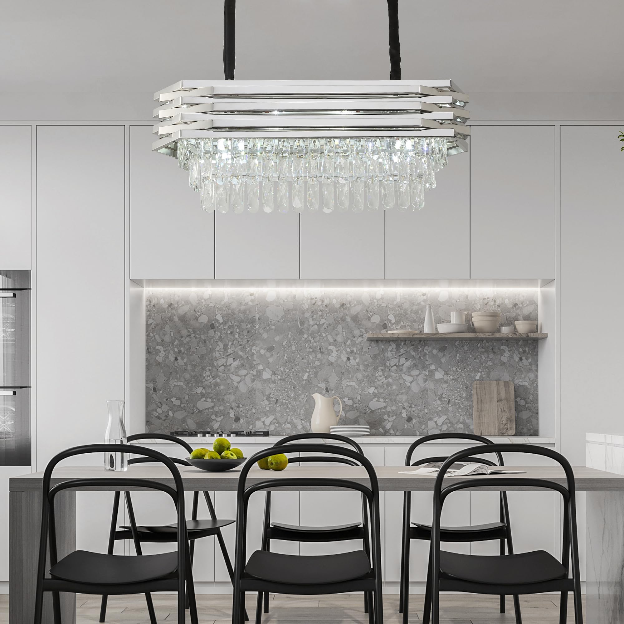 Lustre Suspension 5 Lumières Noir Et Lin - 76cm - E14 - 200W - Pour Salon, Cuisine
