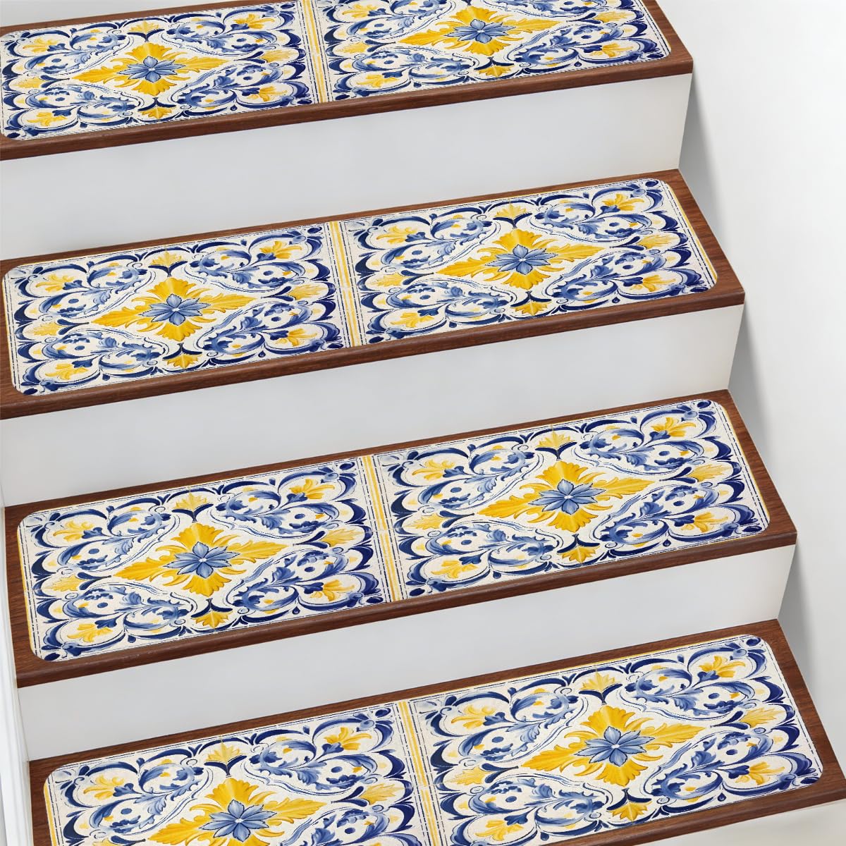 Alfombra suave de acuarela azul y amarilla camino bohemio de 7.8 x 30 pulgadas para proteger suelos