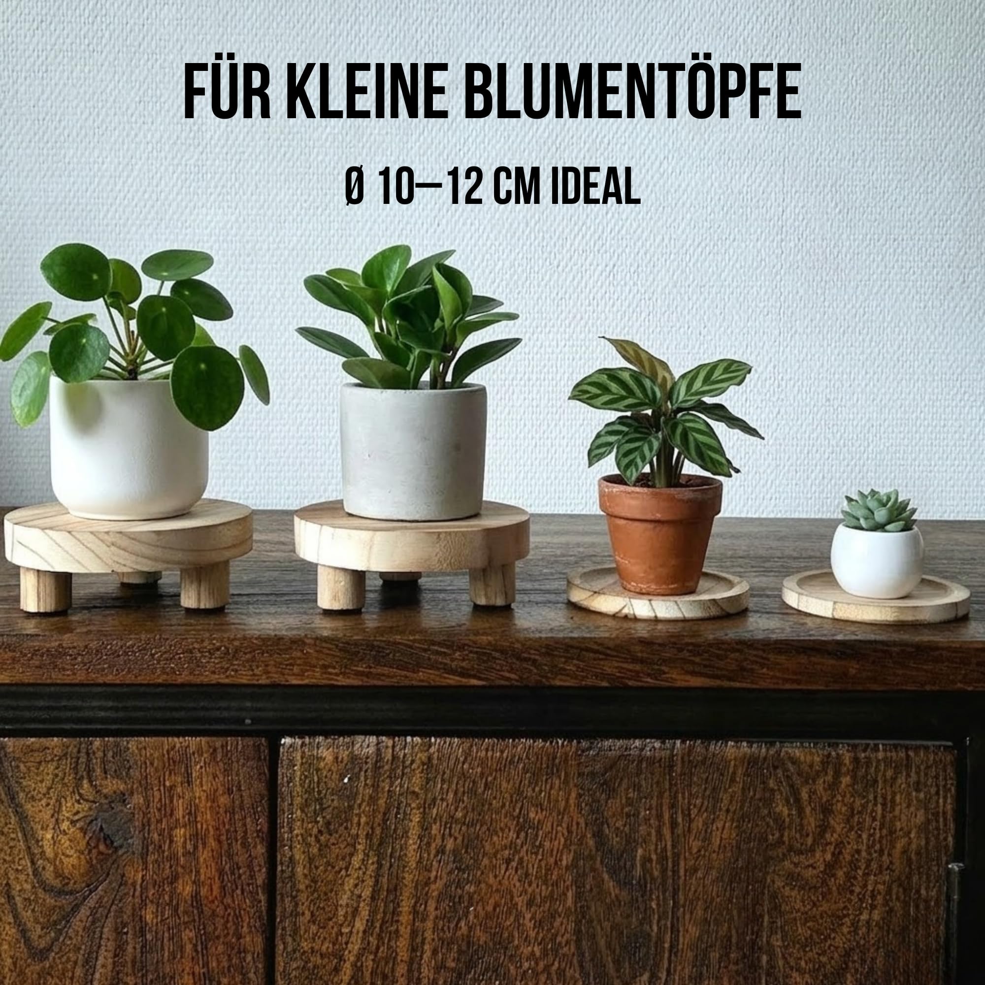 Blumenhocker Holz Set – Paulownia Holz – Für kleine Zimmerpflanzen – 2 Pflanzenhocker Ø12,7 cm + 2 Blumentopf Untersetzer Ø10 cm + 6 Filzgleiter – Natur