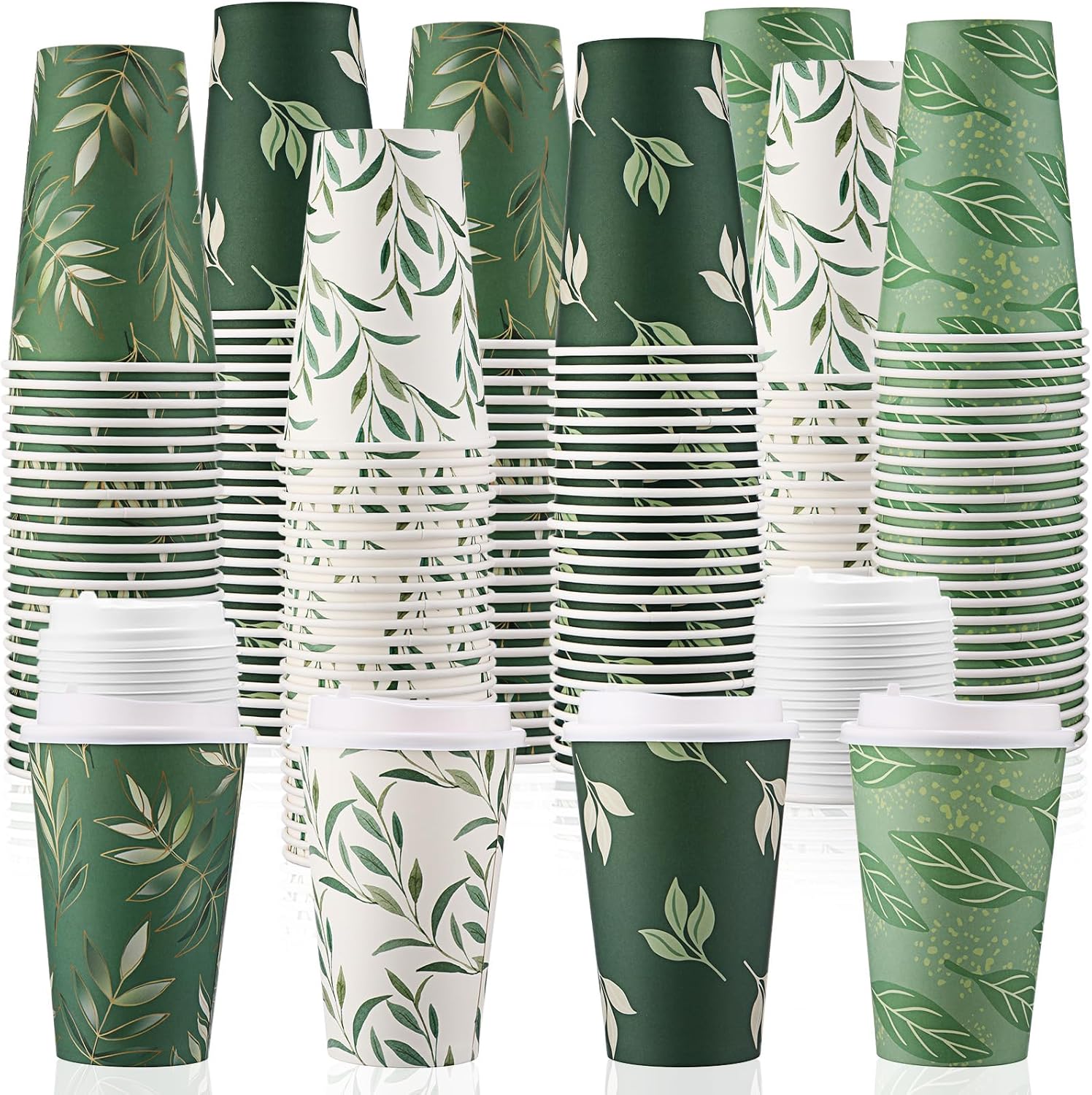 Zopeal 100 Pcs 16 oz Spring Disposable Coffee Cups with Lids 4 Sage Green Themed Pattern Paper Cups Travel Disposable Coffee Mugs for Spring Dinner Event Decoration Wedding Kitchen Restaurant Supplies